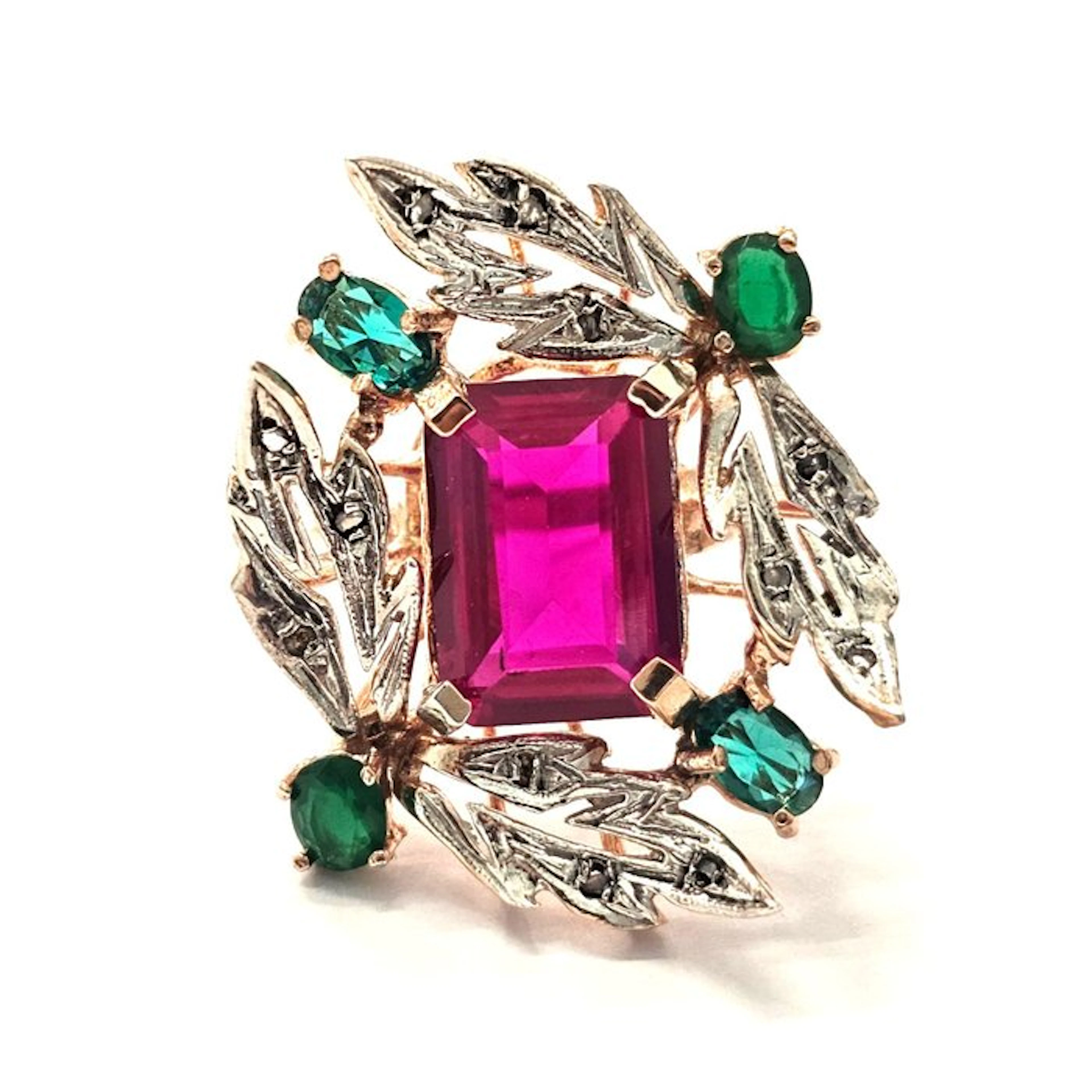 No reserve price - Ring - 9 kt. Rose gold, Silver Diamond (Natural) - Spinel
