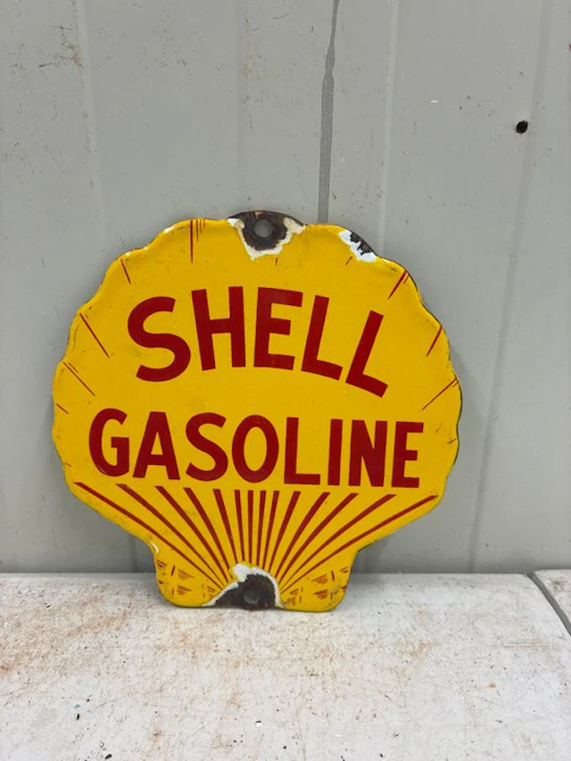 Shell Gasoline shell-shaped enamel advertising sign