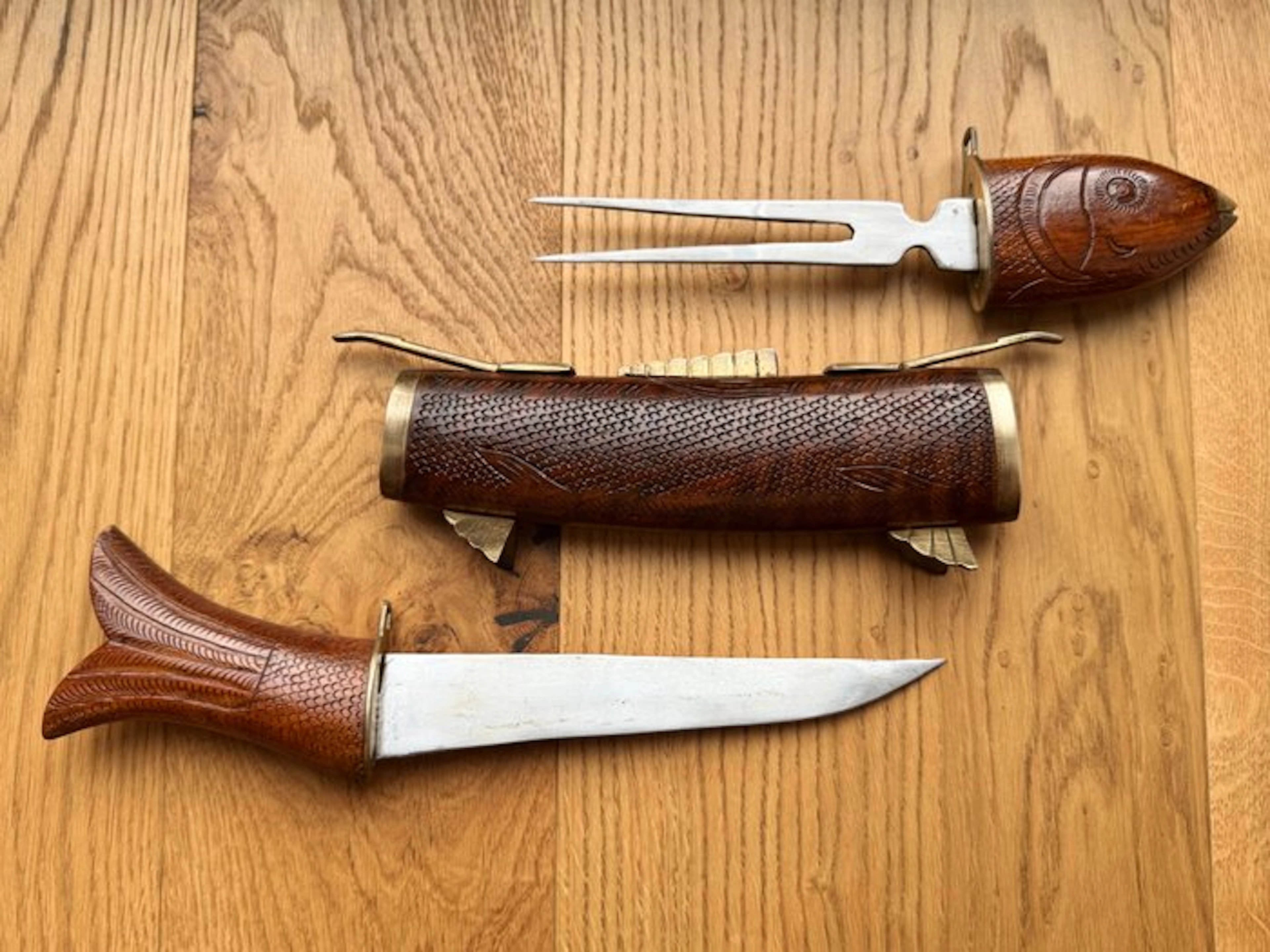 Fish serving set - Wood, Brass - Knife and carving fork