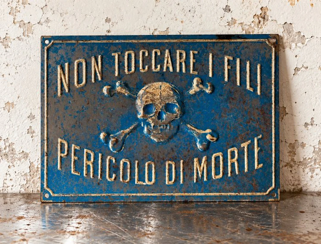 Rare Blue Italian Industrial Enamel Danger Sign – Skull...