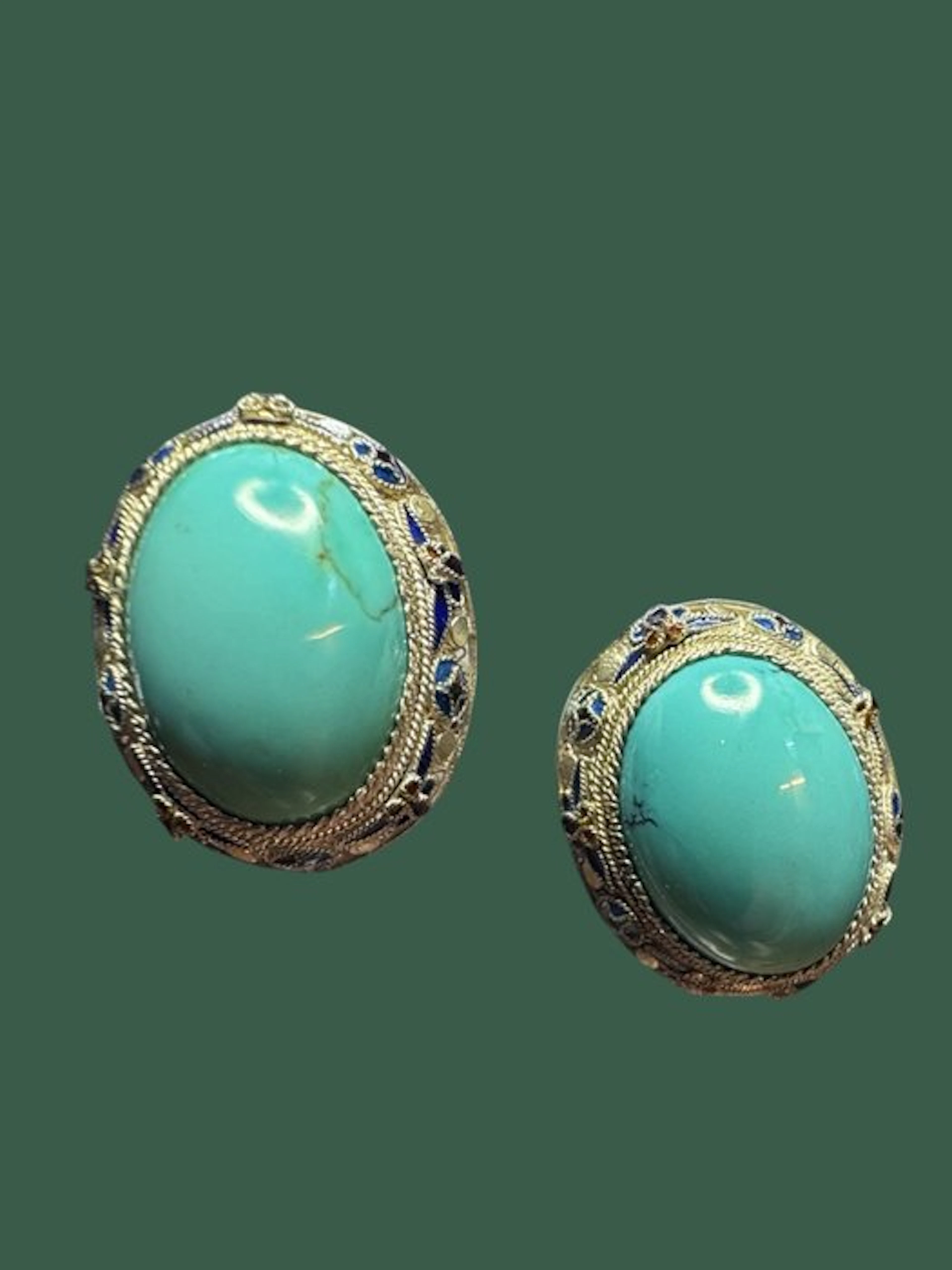 Clip-on earrings - Silver, Turquoise - China - 20th century