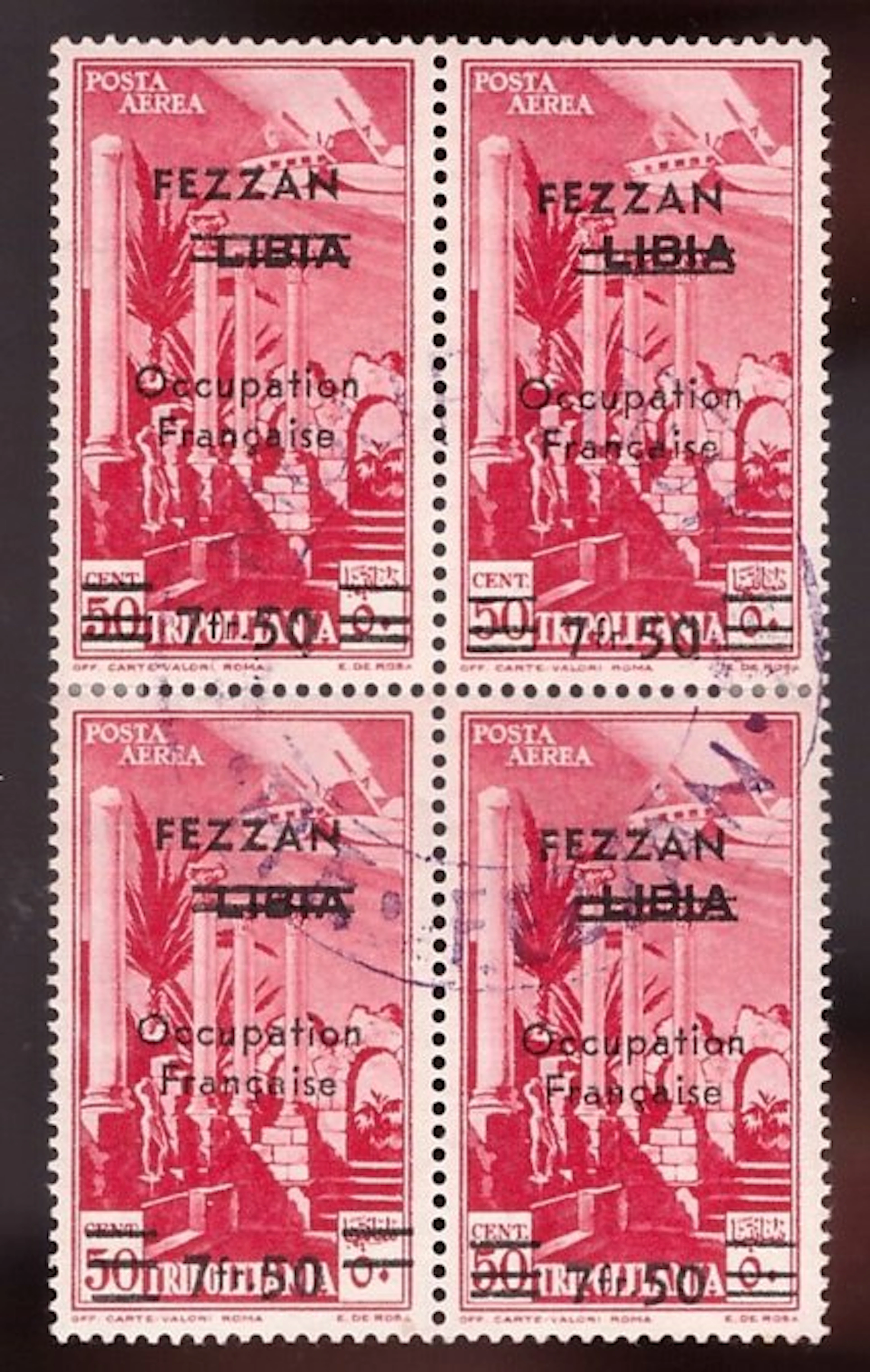 Fezzan 1943 - 7.50 francs on 50-centime carmine air mail in a block of four.