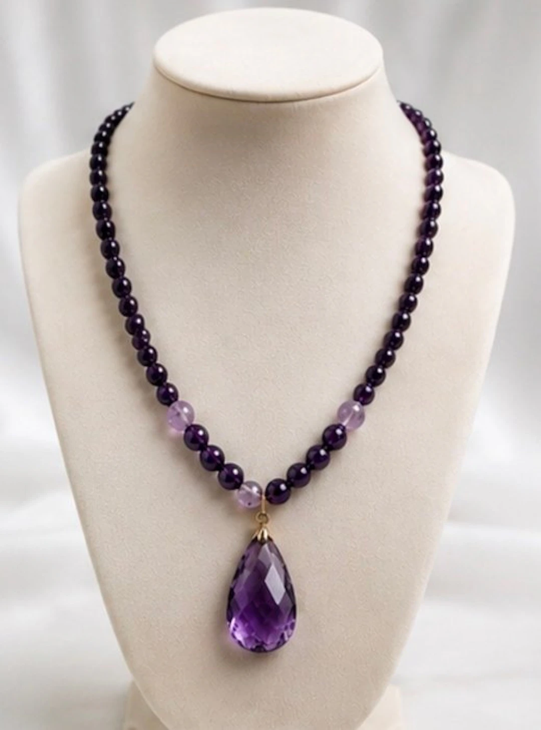 Elegant Amethyst Beaded Necklace with Tear Pendant - Necklace