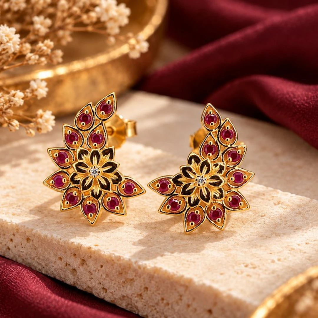 No reserve price - Earrings Gold-plated Ruby - Diamond - 18kt Gold Plated