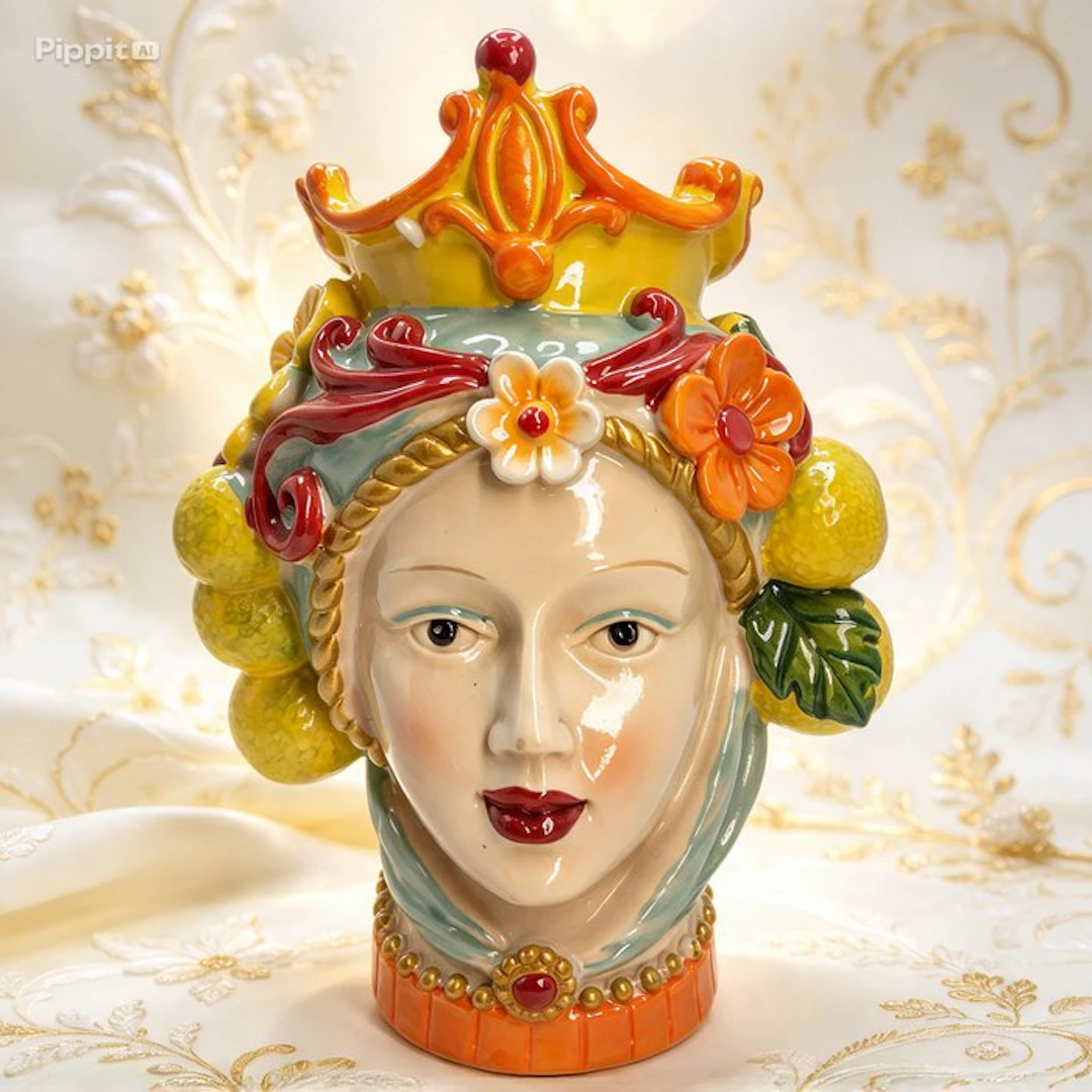 Figurine - Testa di Moro Donna in Resina con Corona e Frutta - Resin