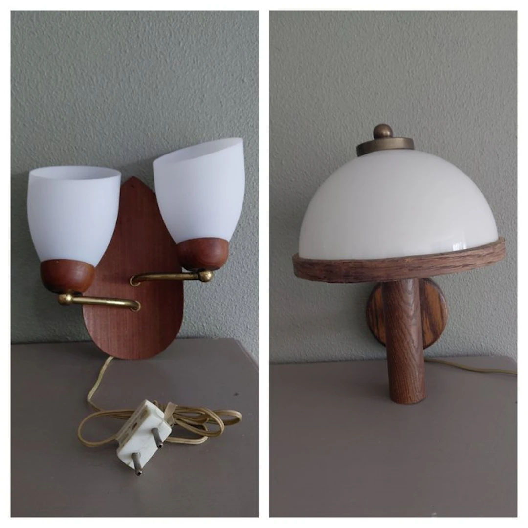 Wall lamp (2) - Wood, Brass, Glass, Metal - Vintage design lamps