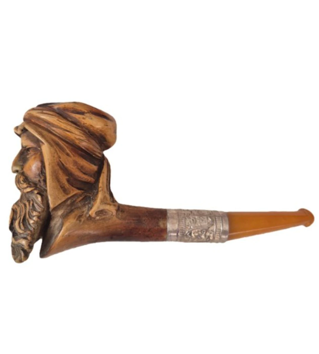 Bearded man with turban - Meerschaum pipe - Amber,silver,sea foam