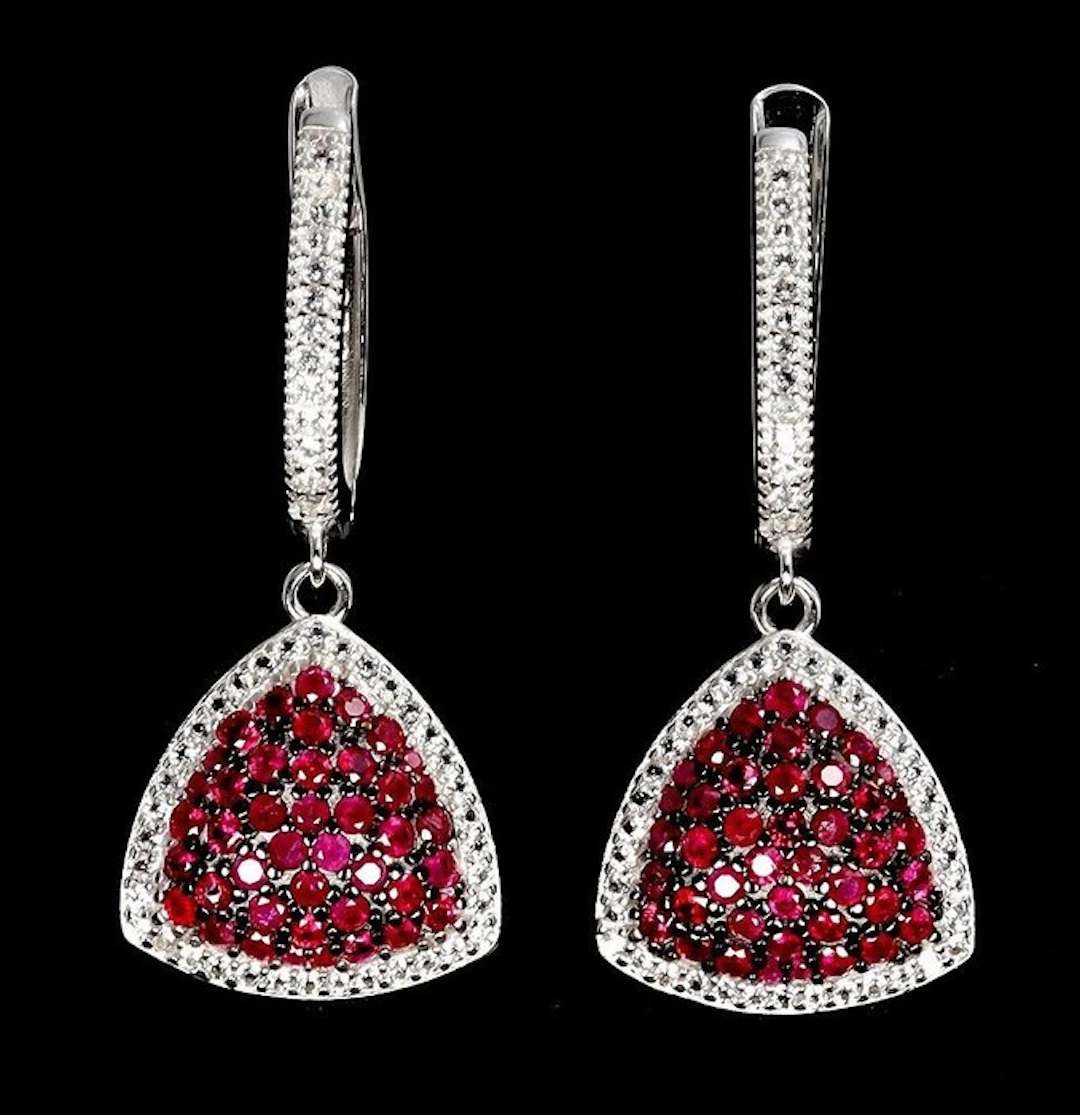 Ohne mindestpreis - Earrings Silver, 14K White Gold plated - Ruby, White Topaz