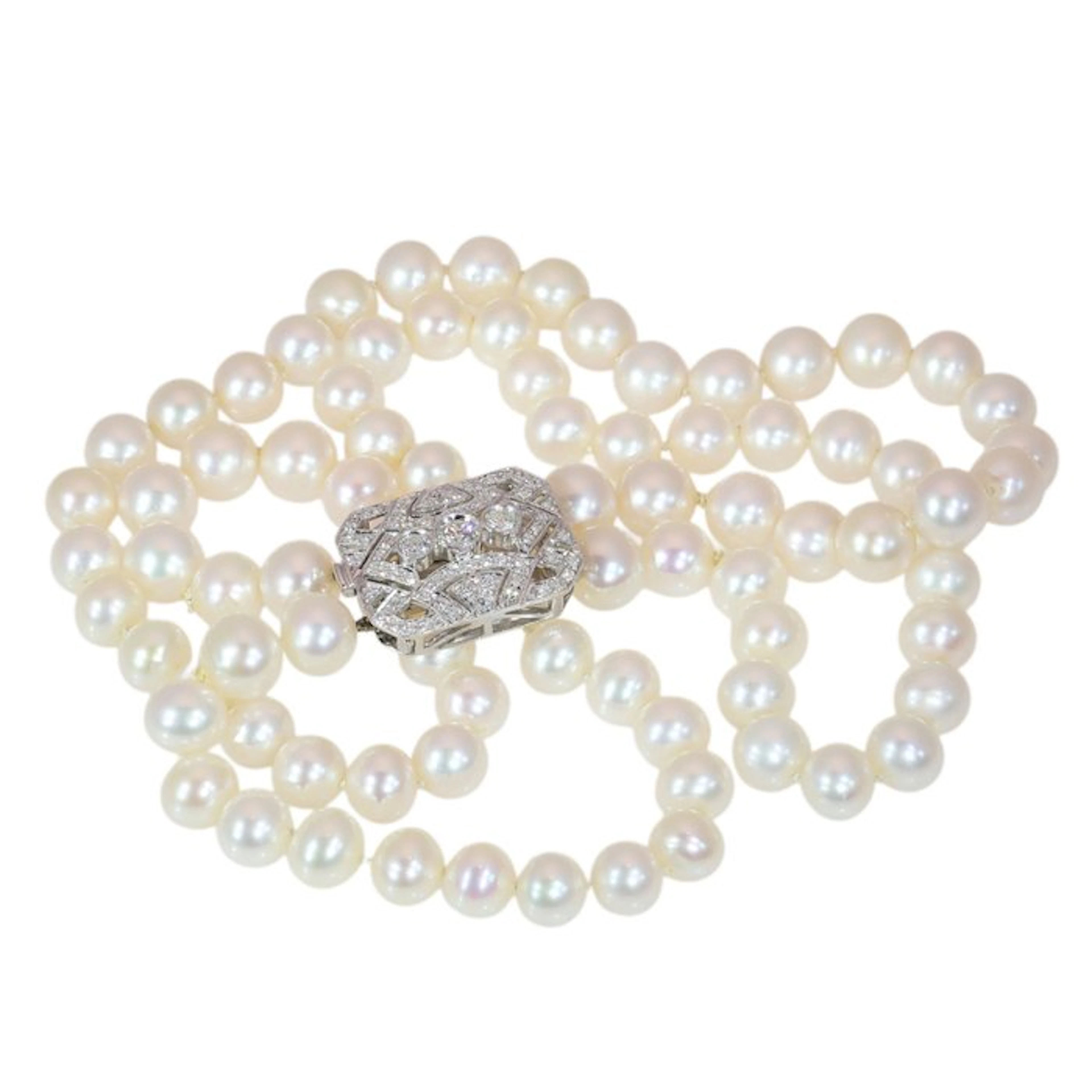 Necklace - 18 kt. White gold Pearl - Diamond - Vintage Art Deco-style