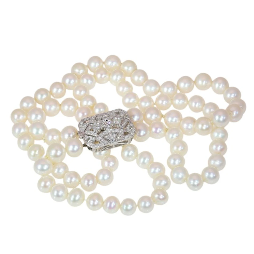 Necklace - 18 kt. White gold Pearl - Diamond - Vintage Art Deco-style