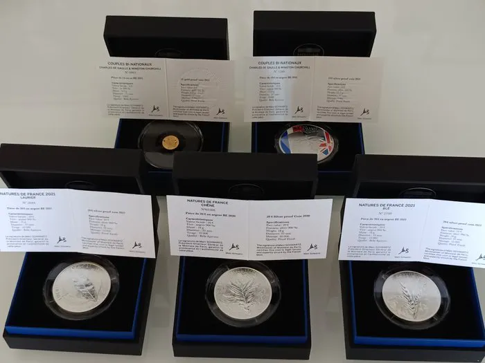 France. 5 Euro / 10 Euro / 20 Euro 2020/2022 (5 coins incl. 1 Gold coin) Proof
