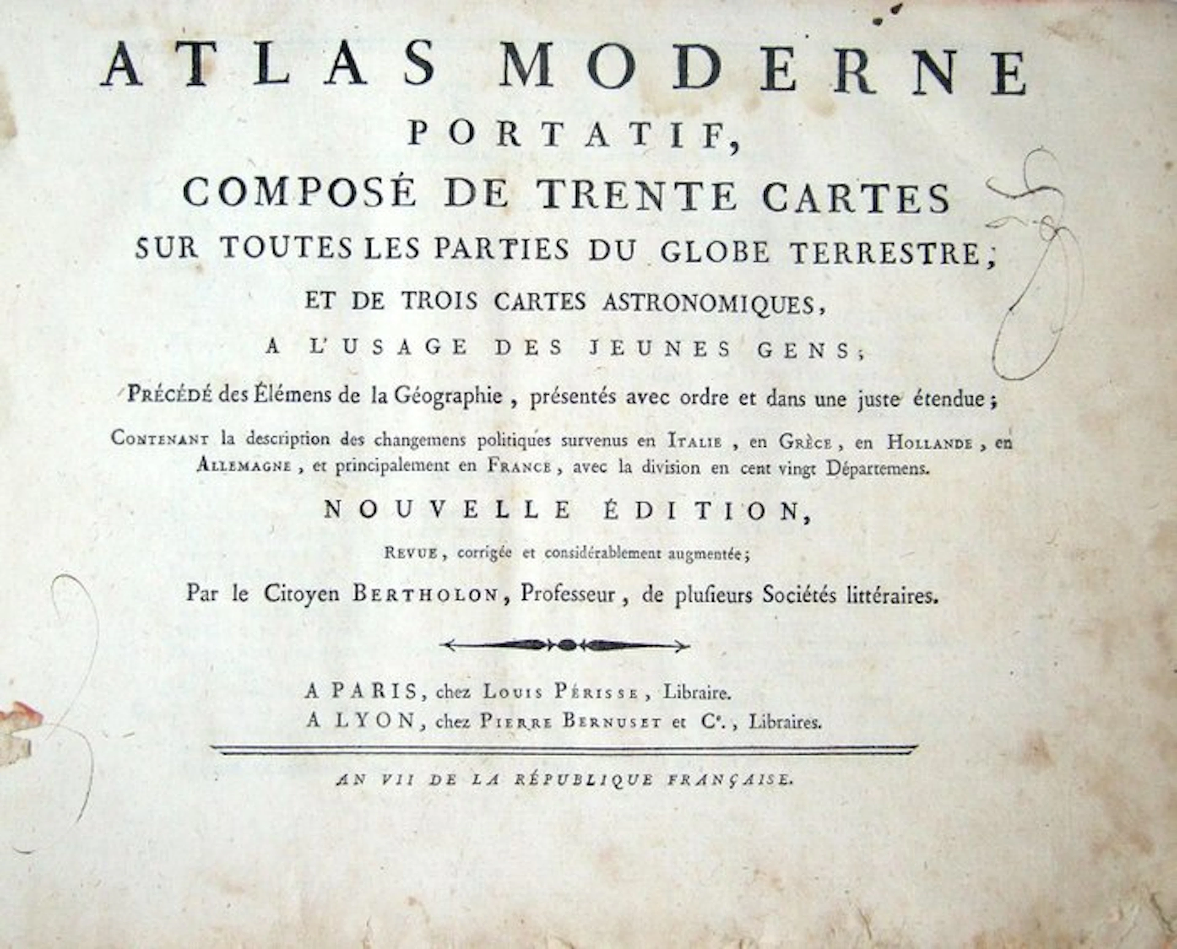 Pierre Bertholon - Atlas moderne portatif - 1799