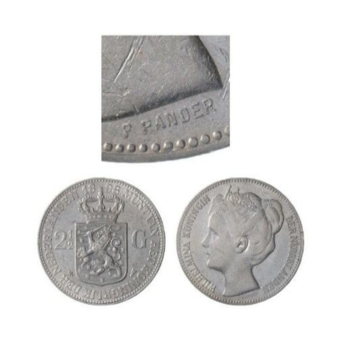 Netherlands. Wilhelmina. 2 1/2 Gulden 1898 "P zonder punt PANDER" ZELDZAAM