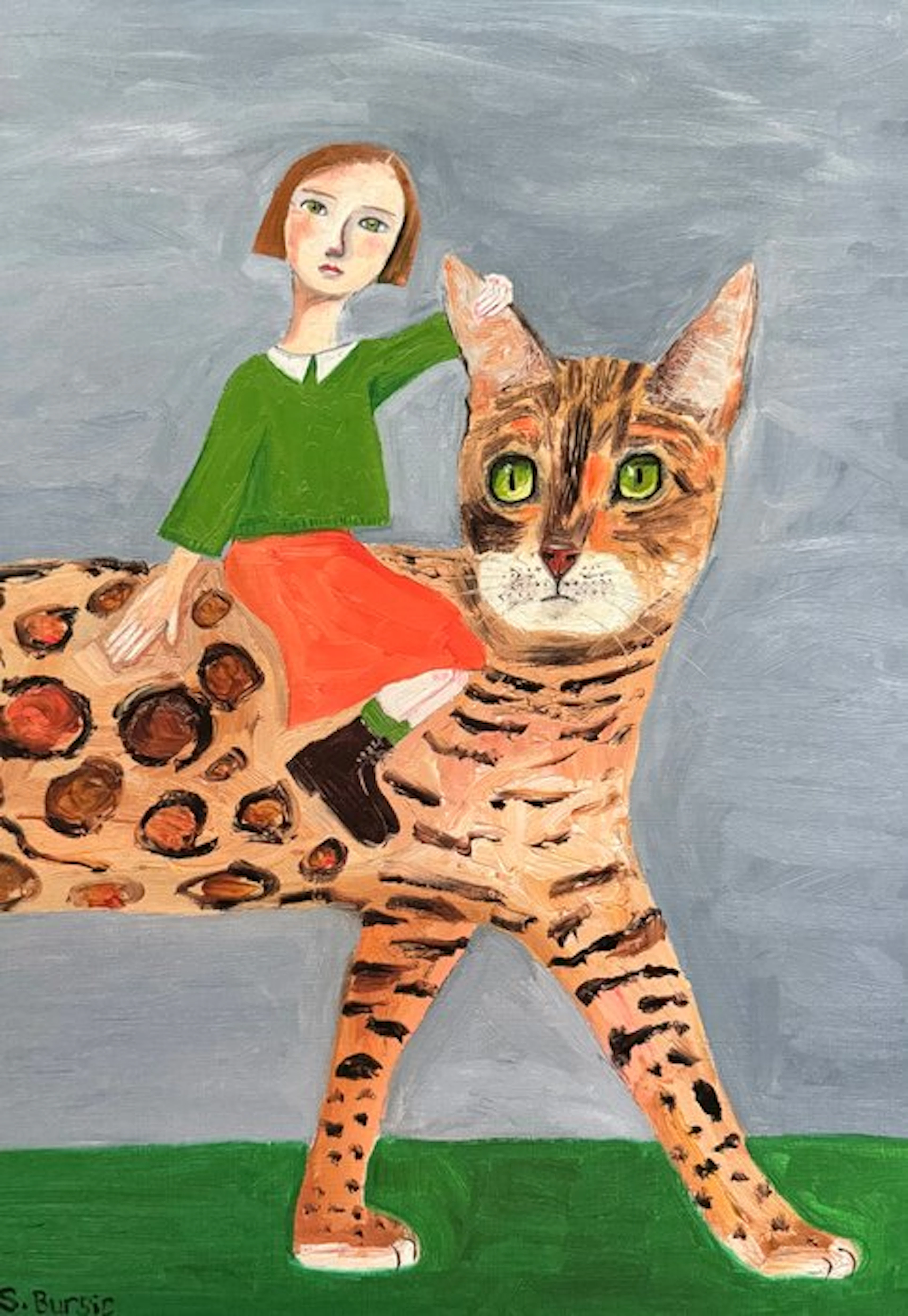 Sharyn Bursic - “Girl on Bengal Cat”. Gesigneerd in de plaat. - 50 x 35 cm.