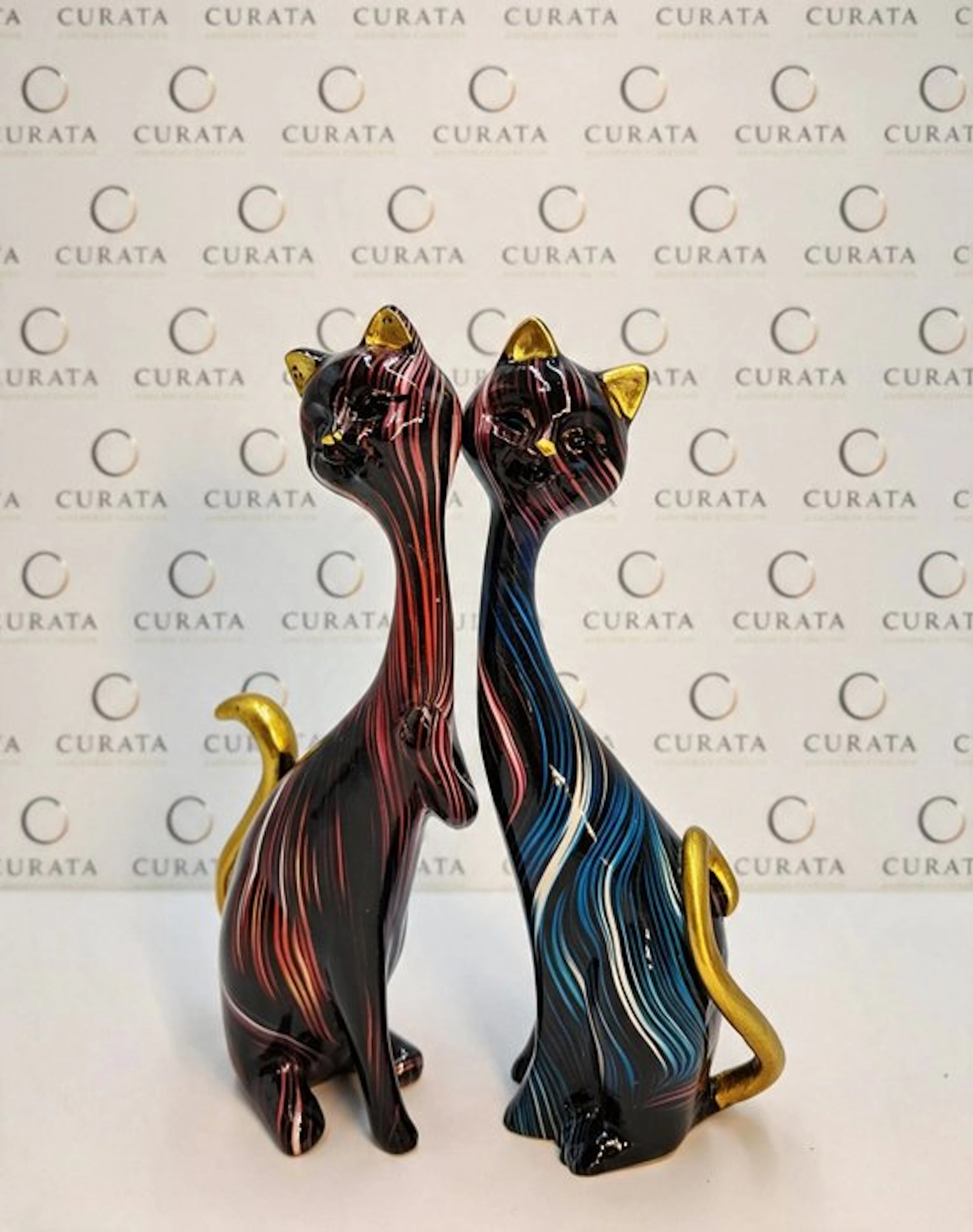 Figurine - Coppia di Gatti Decorativi in Resina con Dettagli Dorati (2) - Resin