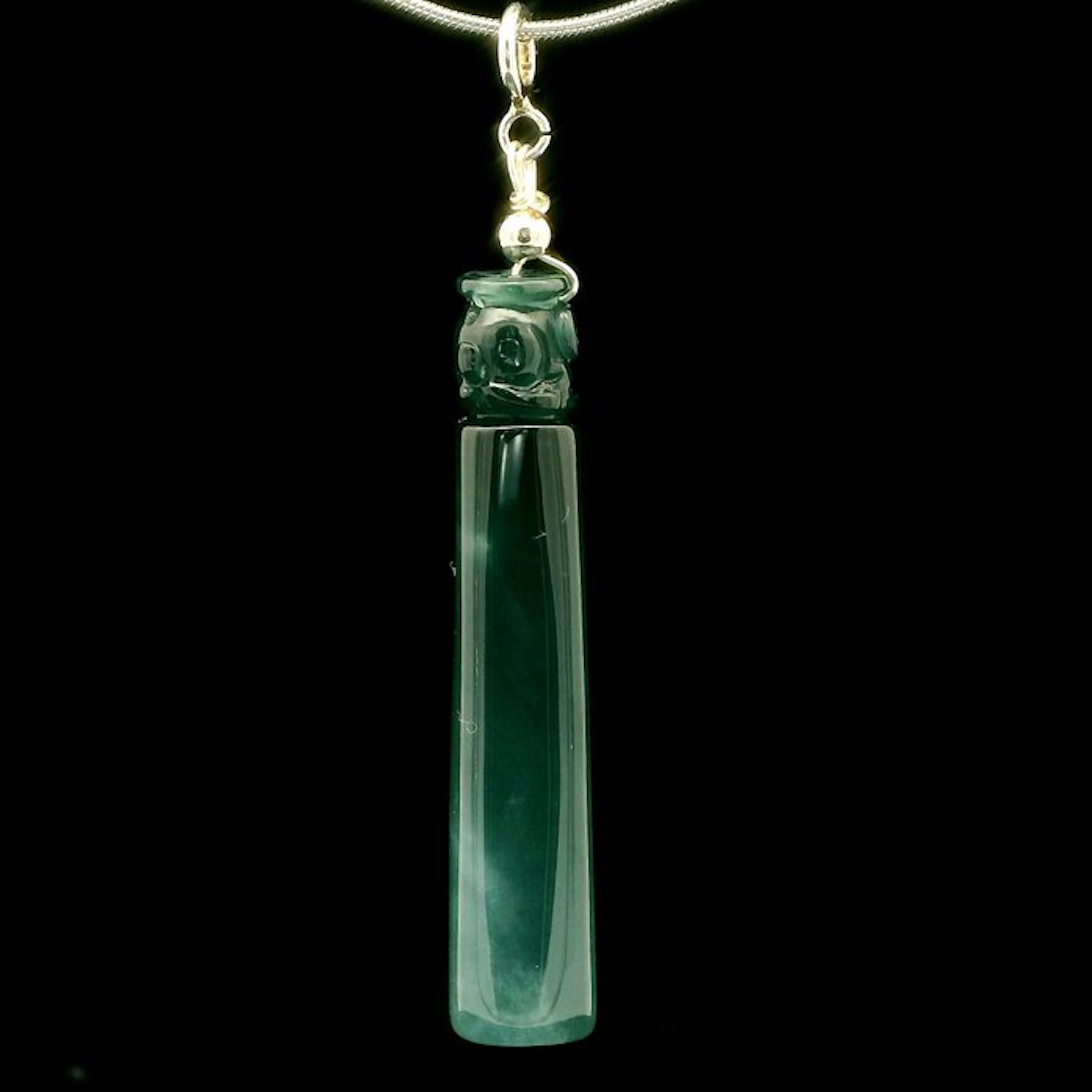 Jade - Jadeite Jade Column Pendant – Carved Top Detail, Silver - Pendant