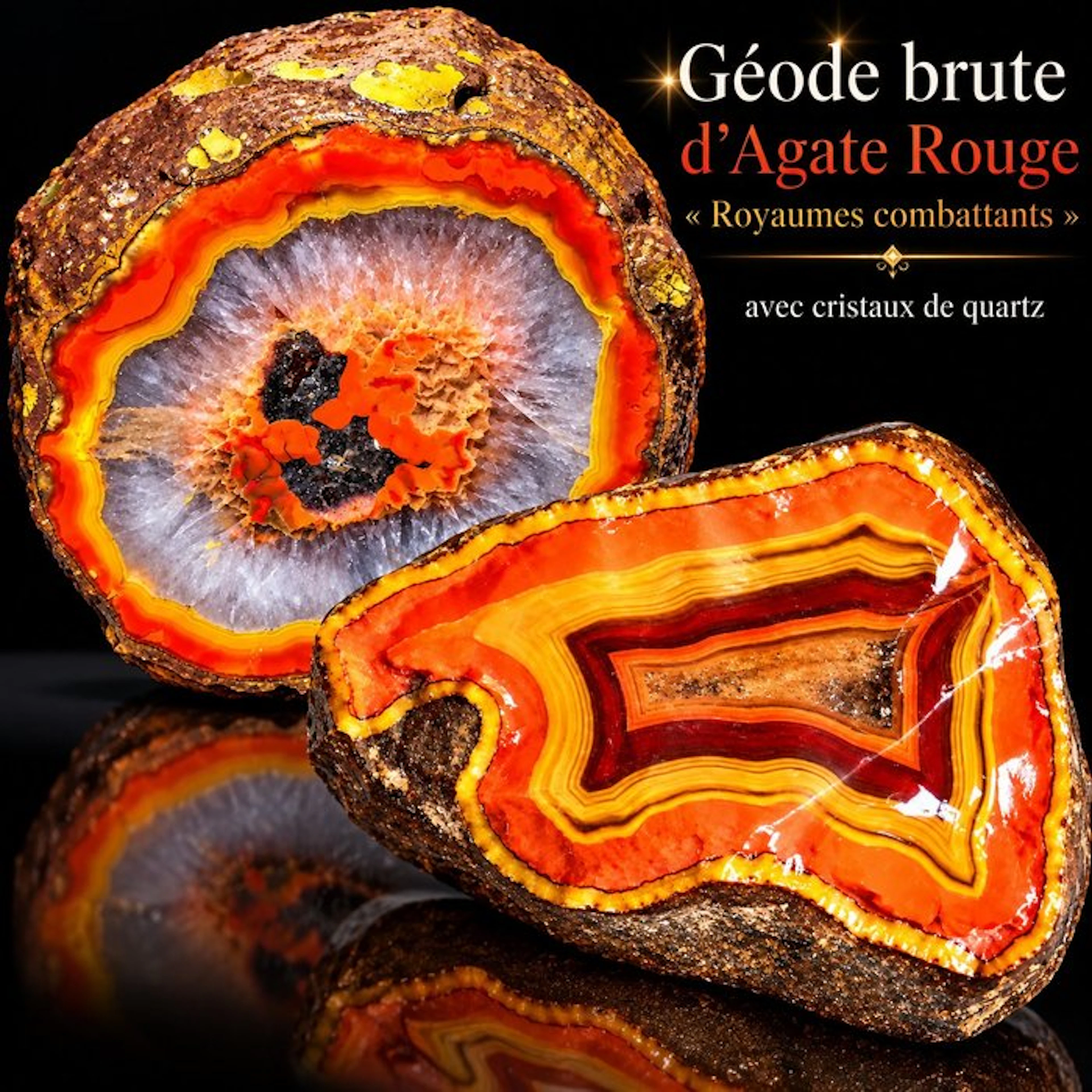 2 specimens of raw red agate geodes from the “Warring...