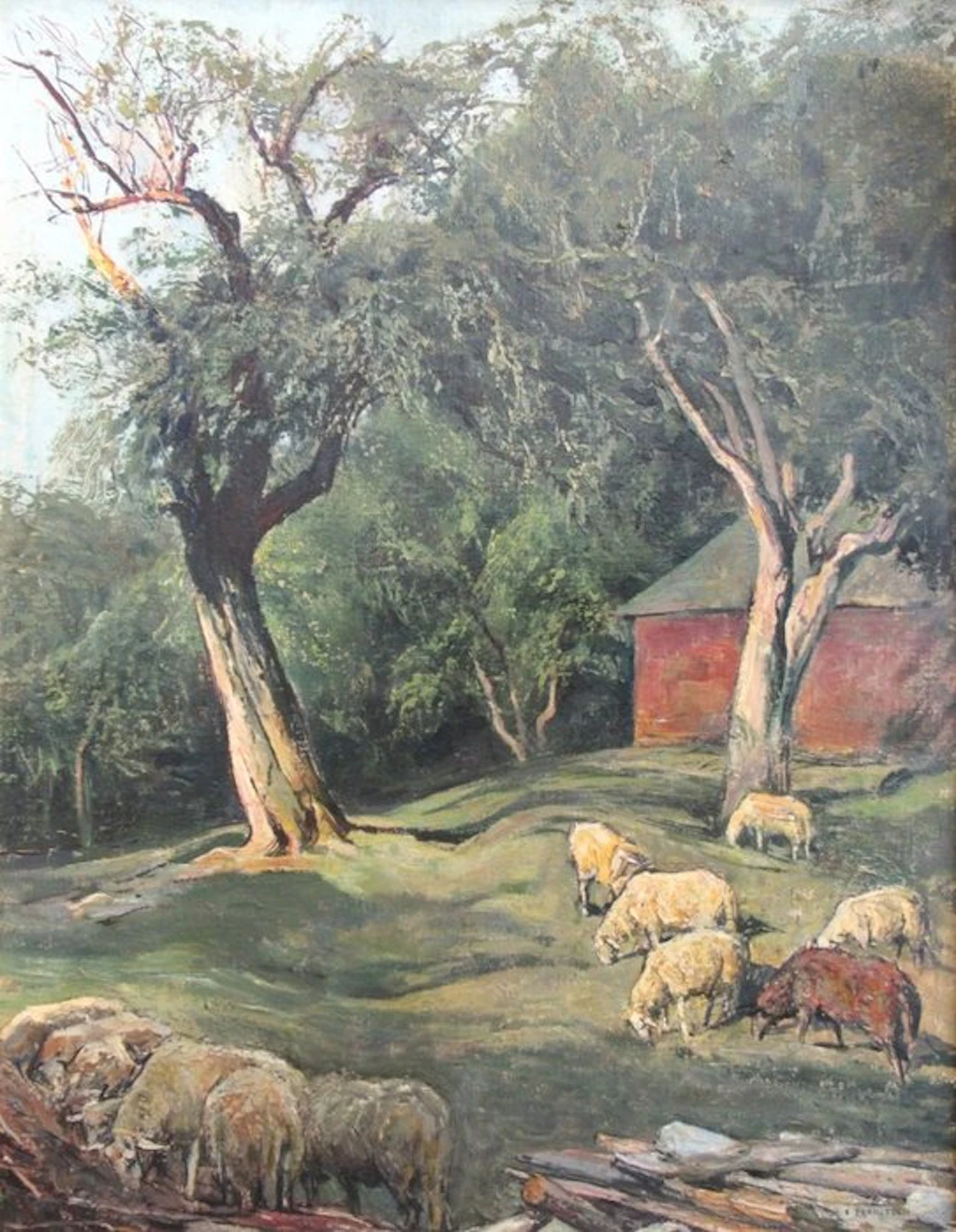 Fritz II Zerritsch (1888-1985) - Schafe auf der Weide unter zwei Bäumen