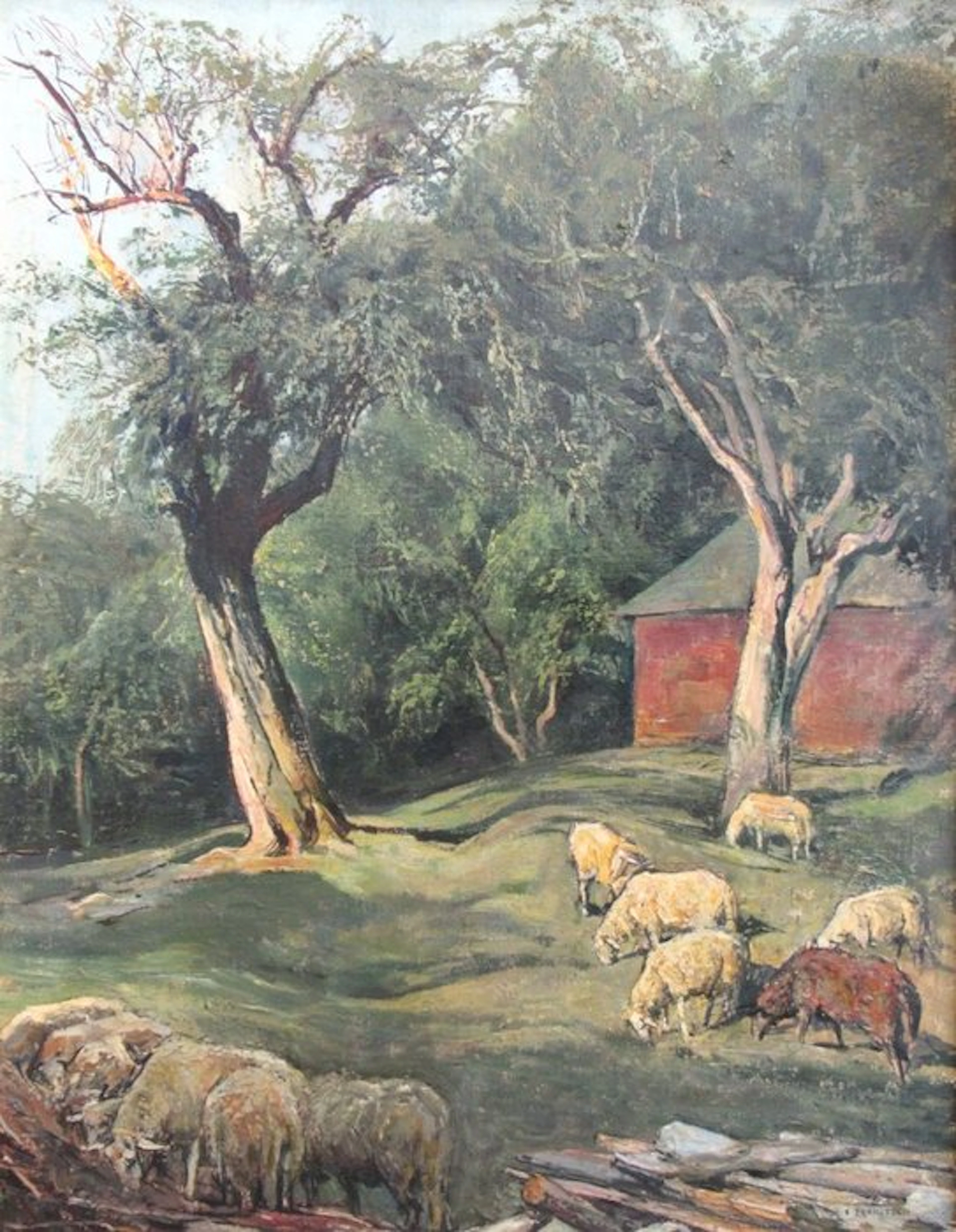 Fritz II Zerritsch (1888-1985) - Schafe auf der Weide unter zwei Bäumen