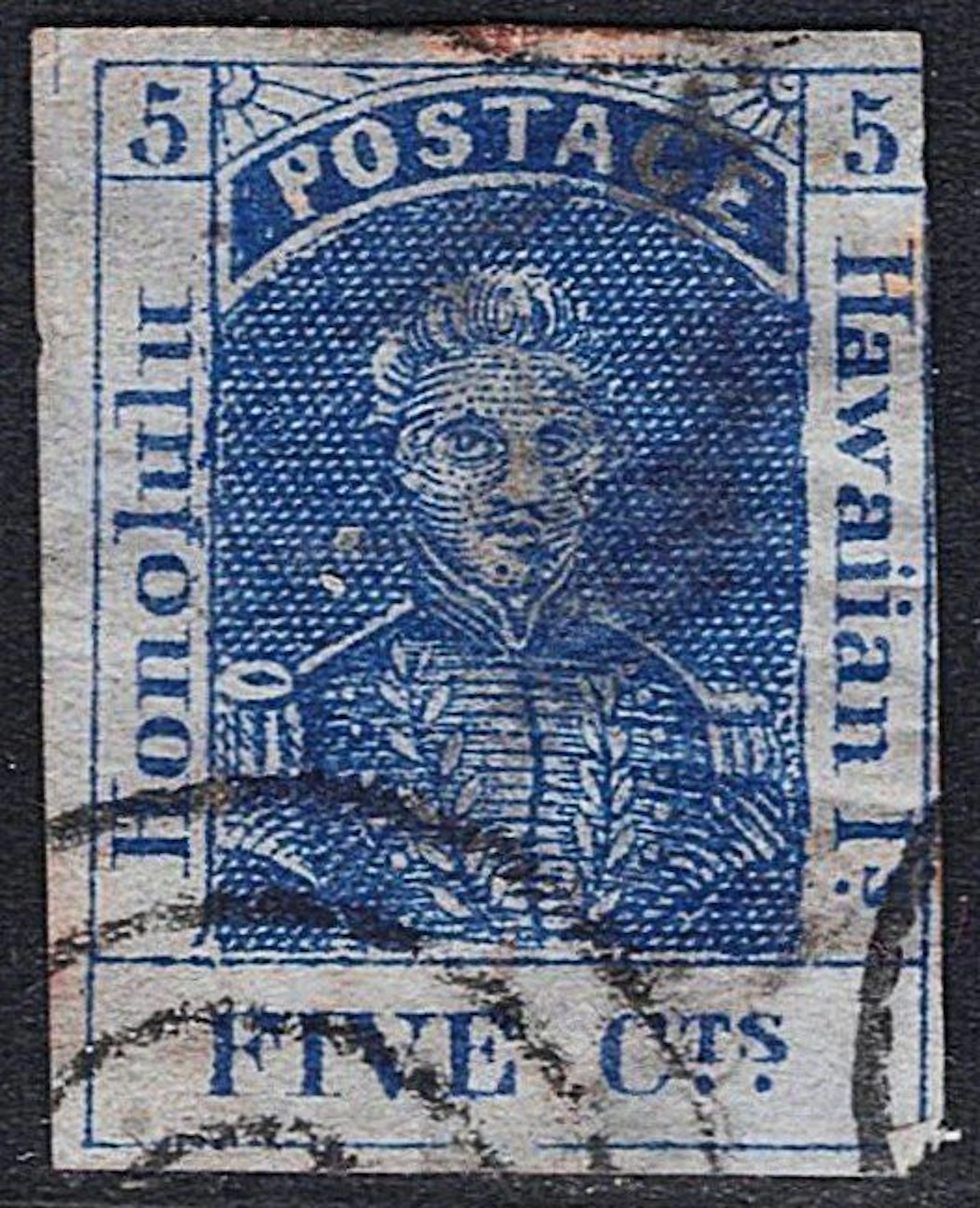 Hawaii 1853 - 5 cents bleu Roi Kamehameha III papier épais - Michel 5