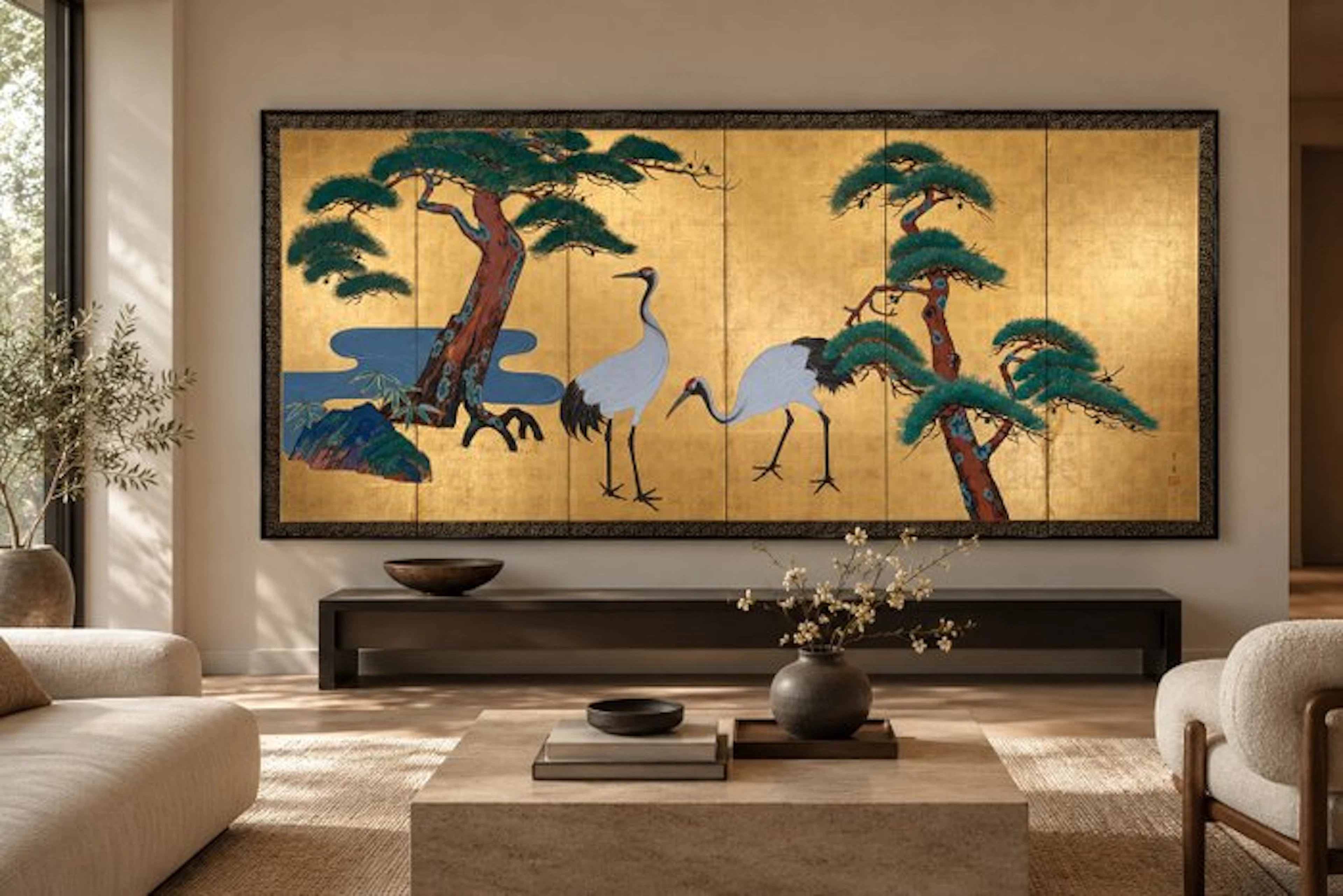 A six-panel byōbu (屏風) depicting a pair of Manchurian...