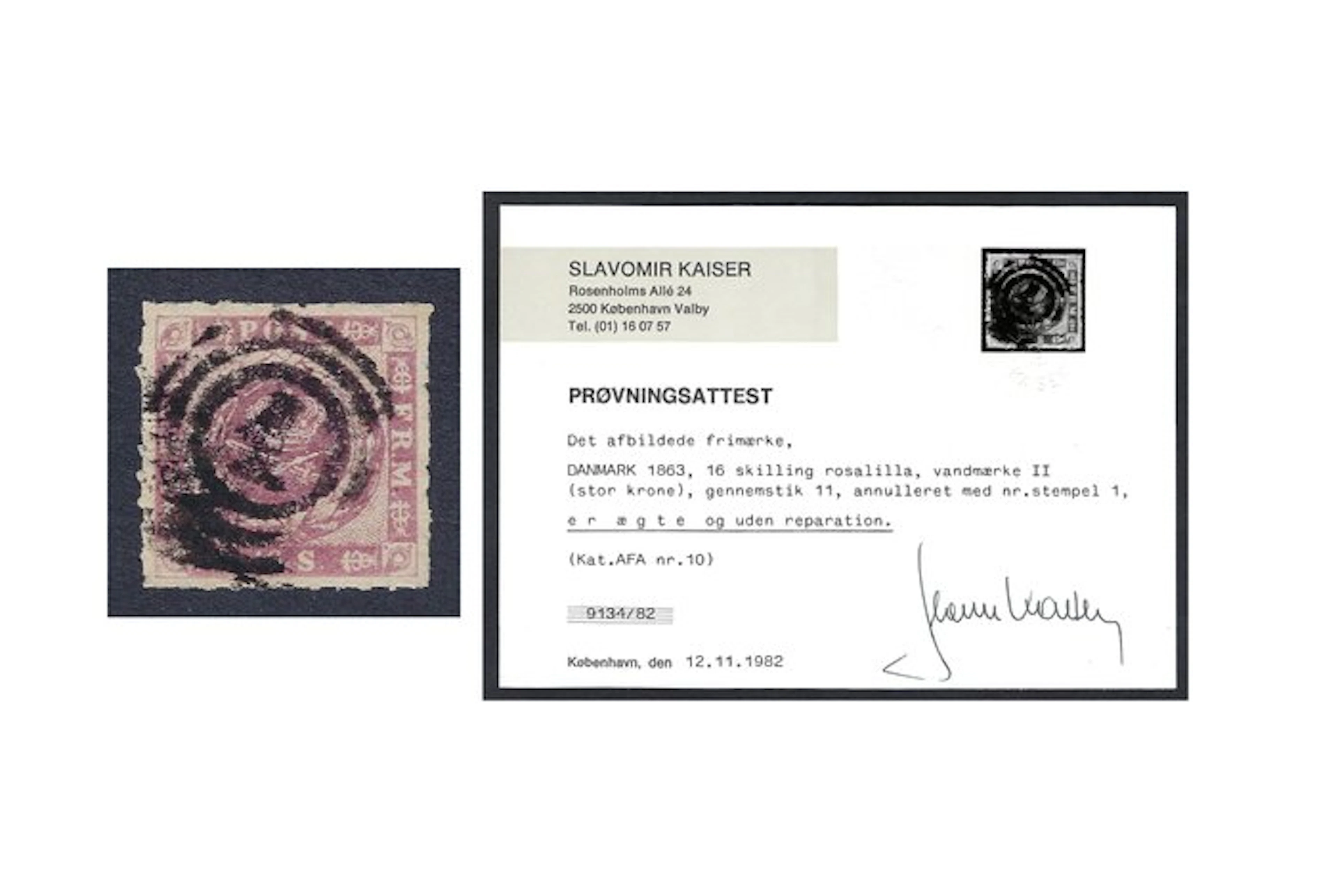 Denmark 1854/1864 - Coat of Arms 16sk Lilac - With Kaiser Certificate - Nº 7