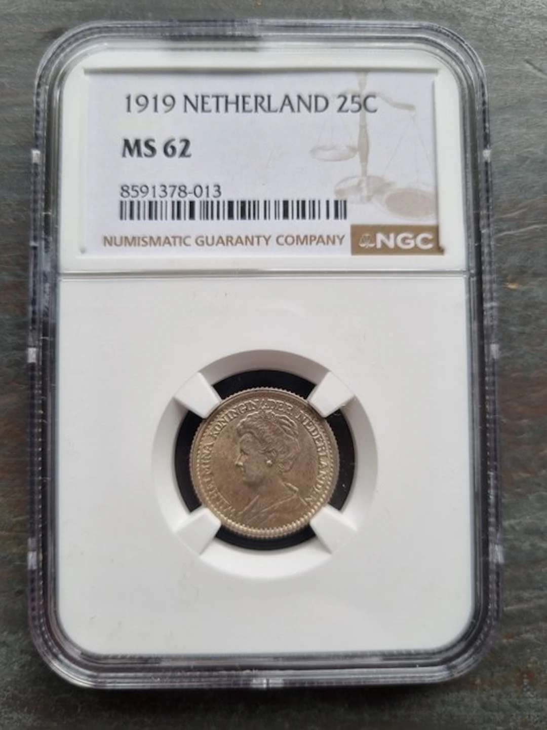 Netherlands. Wilhelmina. 25 Cents 1919 NGC slab ms 62 (No reserve price)
