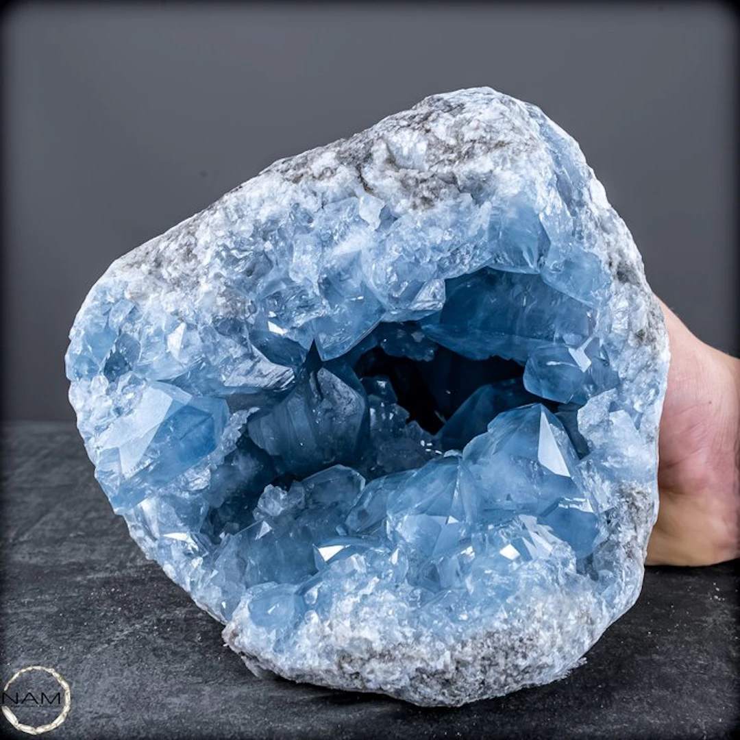 Natural celestite druses from Madagascar – a sky-blue...