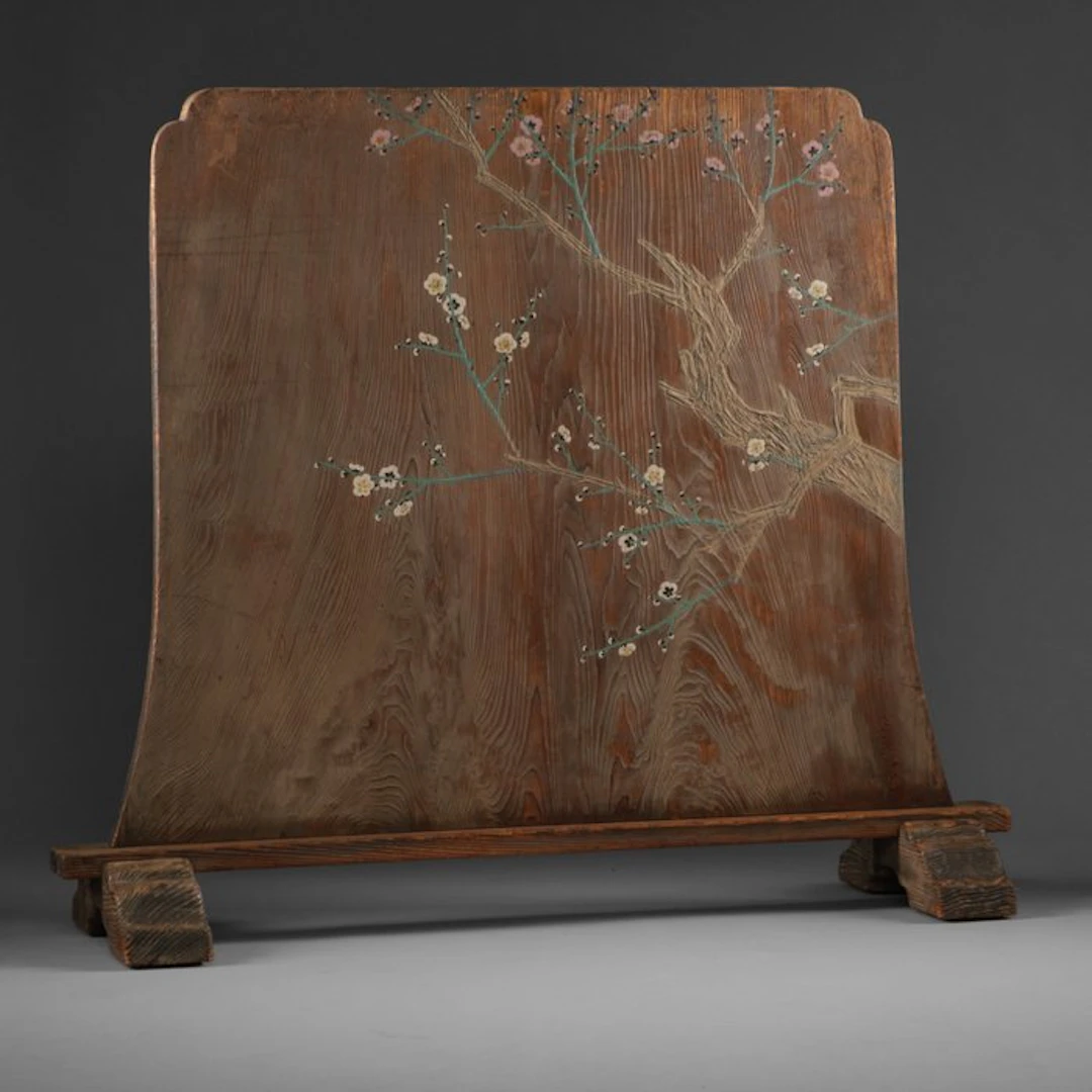 Freestanding screen 衝立 (tsuitate) with plum design - Wood