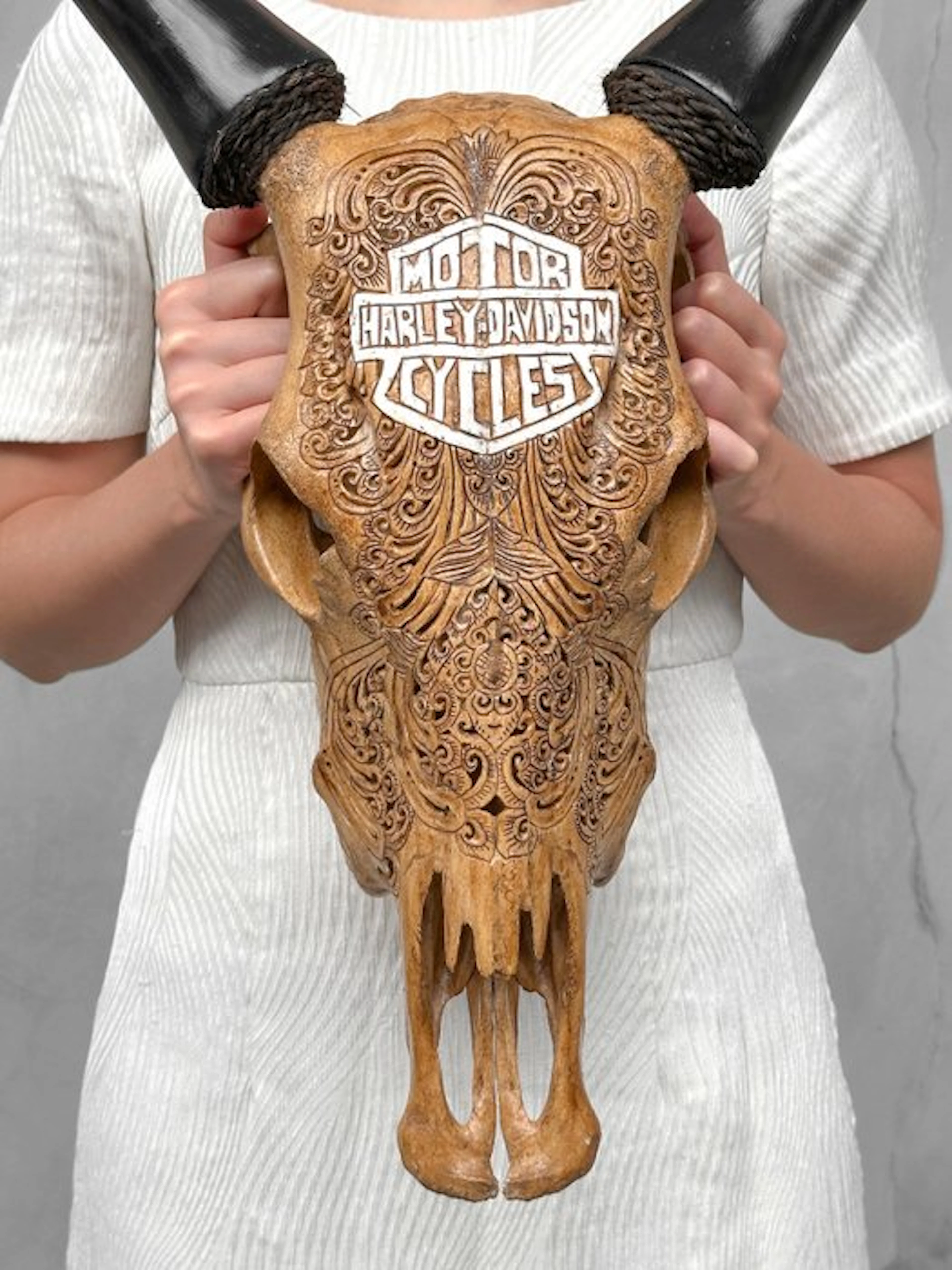 NO RESERVE PRICE - Authentic Brown Hand-Carved Cow Skull...
