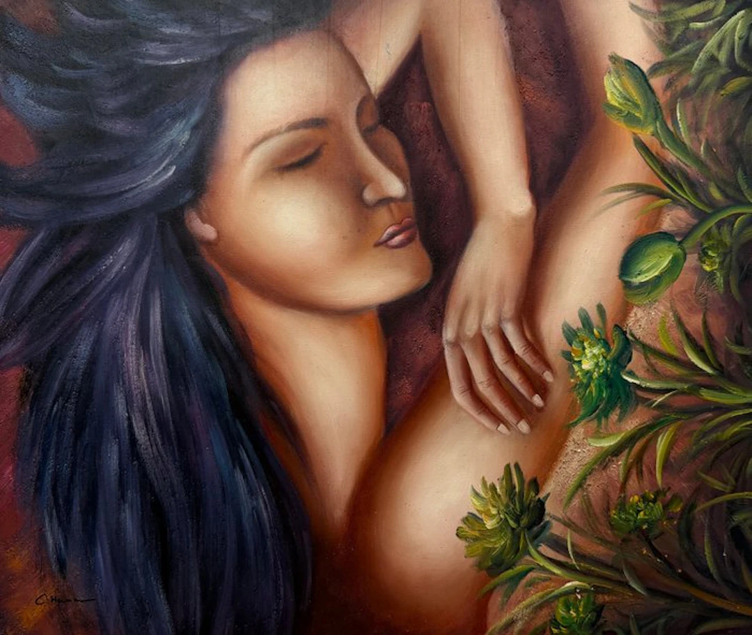 Carole Hermann (1958 - ) - Visage de femme aux feuillages