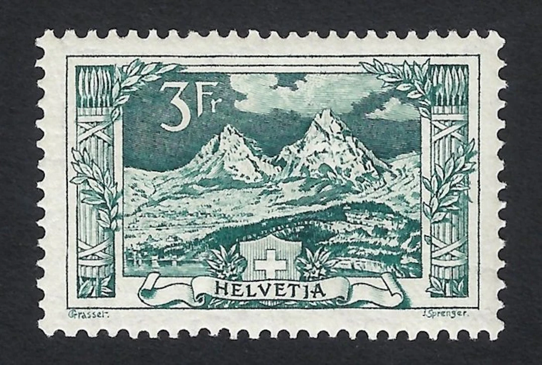 Switzerland 1914 - Les deux Mythen 3Fr green - Yvert N. 142