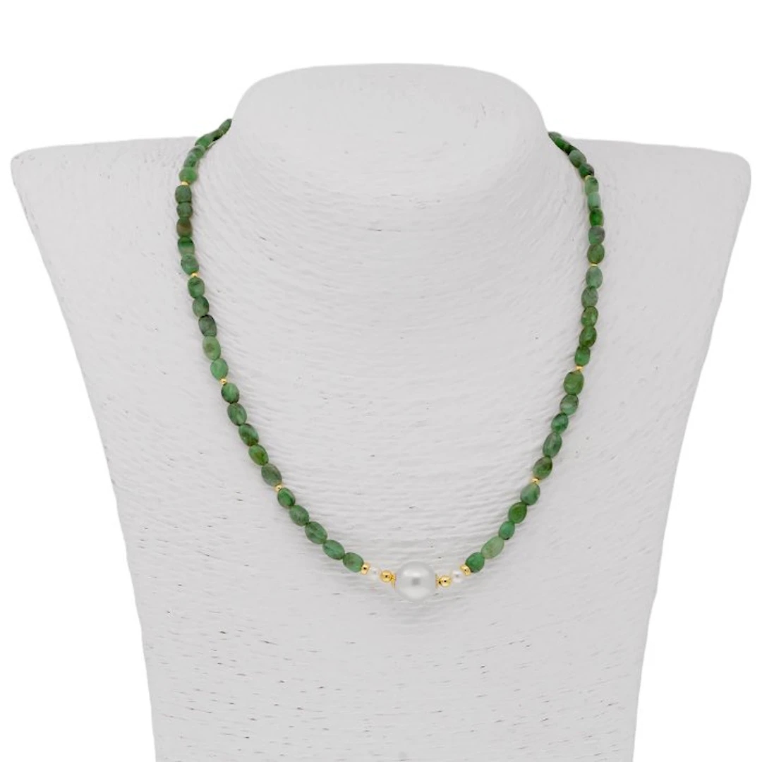 No reserve price - Necklace - 18 kt. Yellow gold Pearl - Emerald