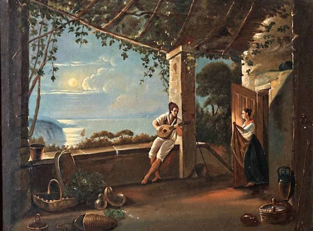 Scuola di Posillipo (XIX) - Scena Romantica nel Golfo di Napoli