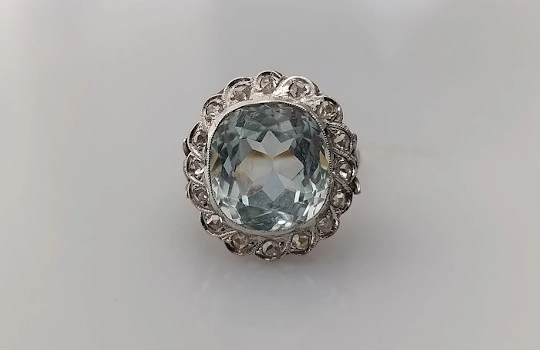 Statement ring - 14 kt. Yellow gold, Silver - 6.30ct. tw. Aquamarine - Diamond
