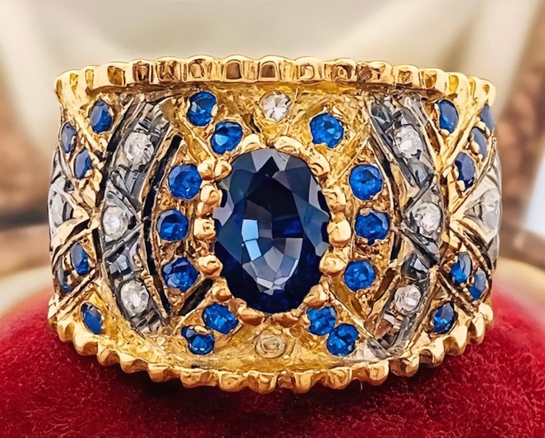 No reserve price - Ring - 9 kt. Yellow gold, Silver Sapphire - Diamond