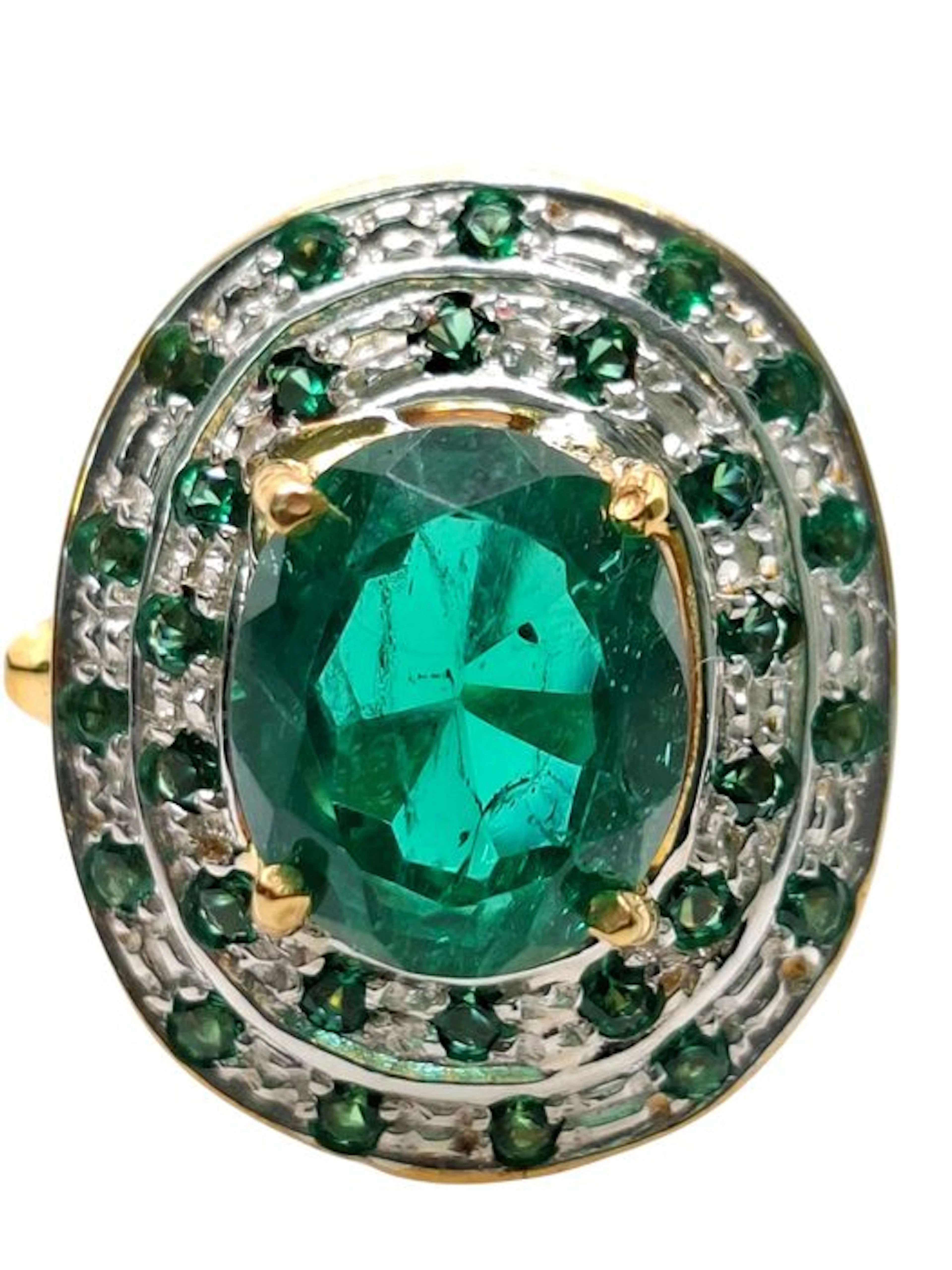 No reserve price - Ring - 9 kt. Silver, Yellow gold Emerald - Emerald
