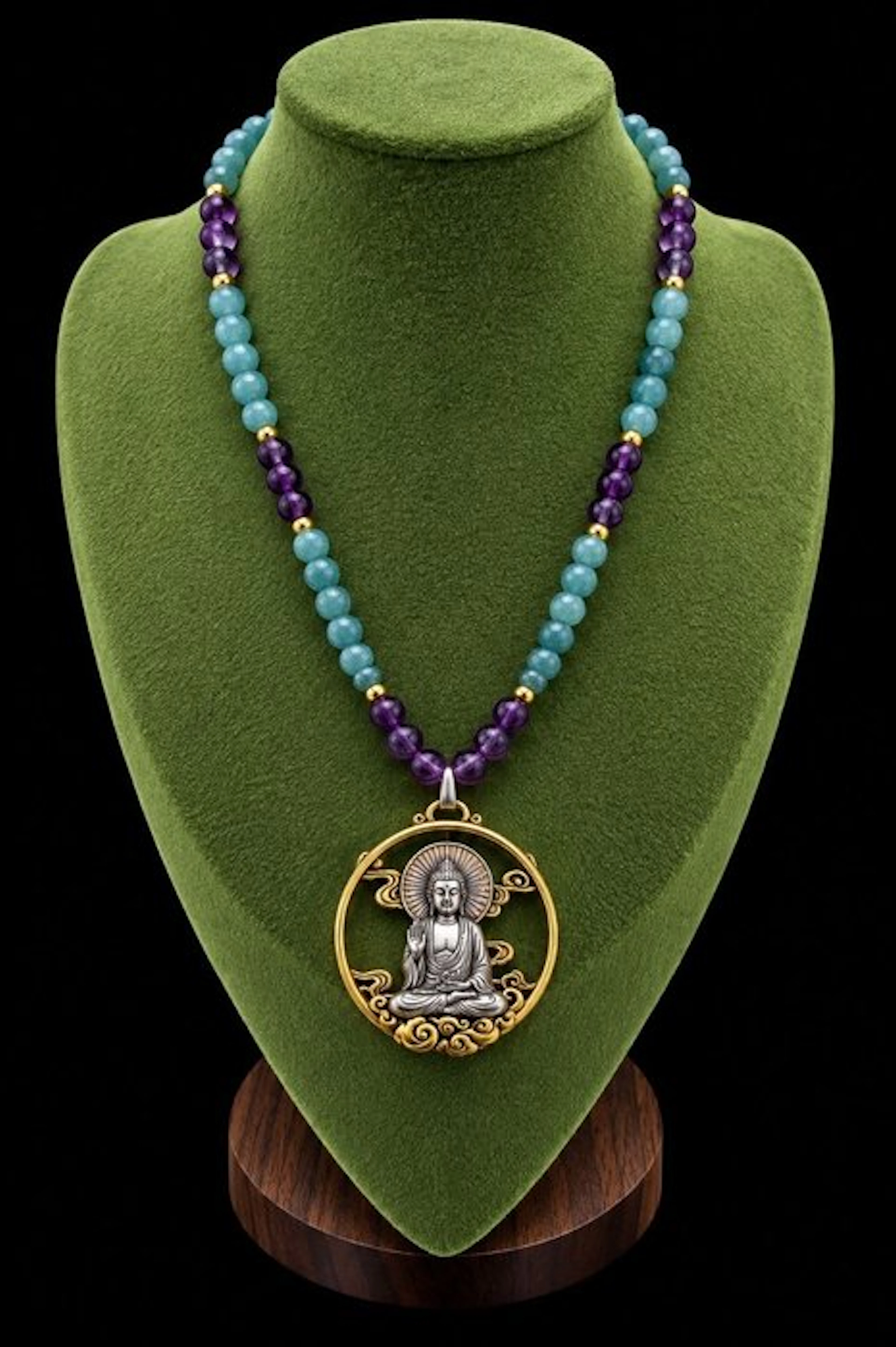 14-karat Buddhist necklace in Aquamarine and Amethyst...