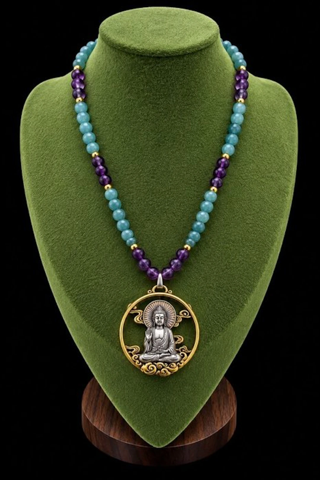 14-karat Buddhist necklace in Aquamarine and Amethyst...