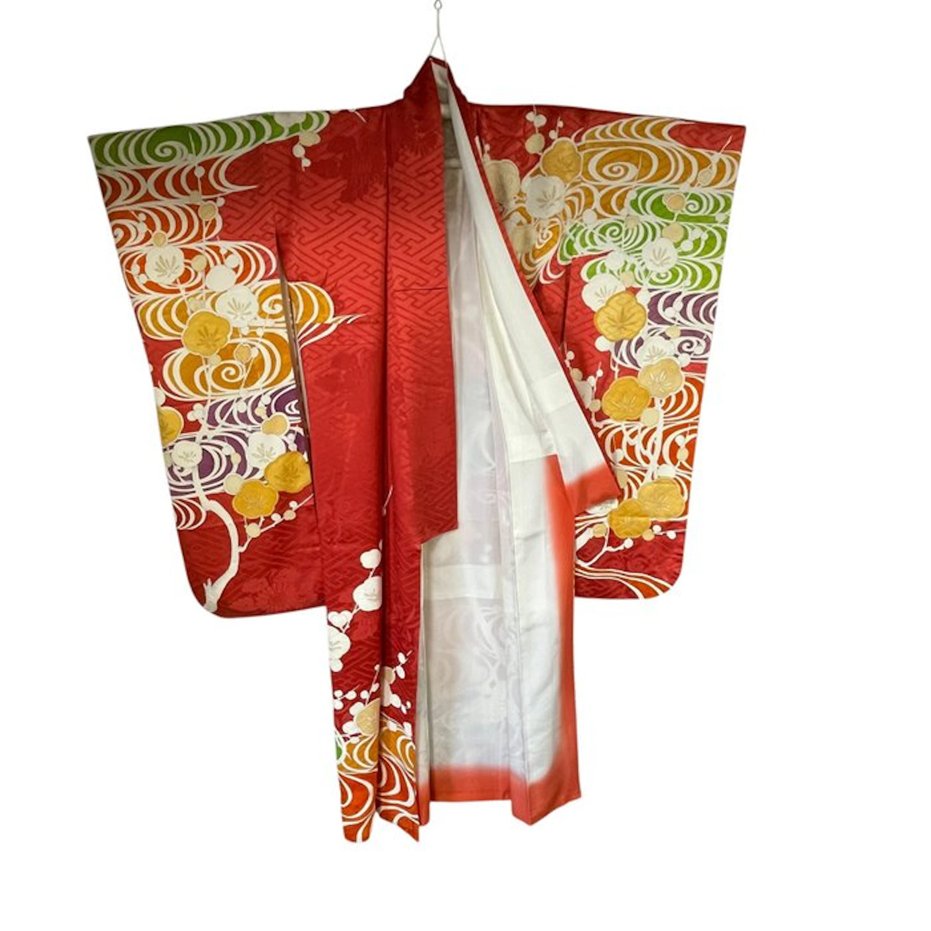 Coral Furisode Kimono with Multicolored Swirling Waves