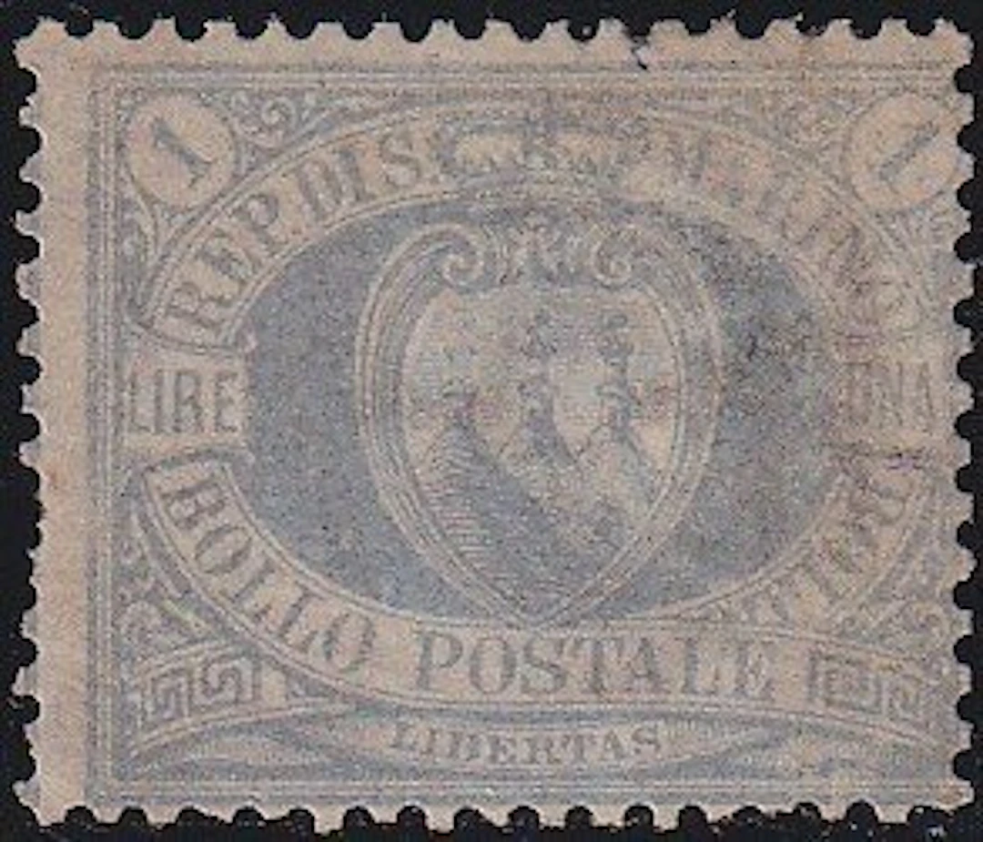 San Marino 1894/99 - Coat of arms 1 l. ultramarine Sass 31 f. Gazzi rare