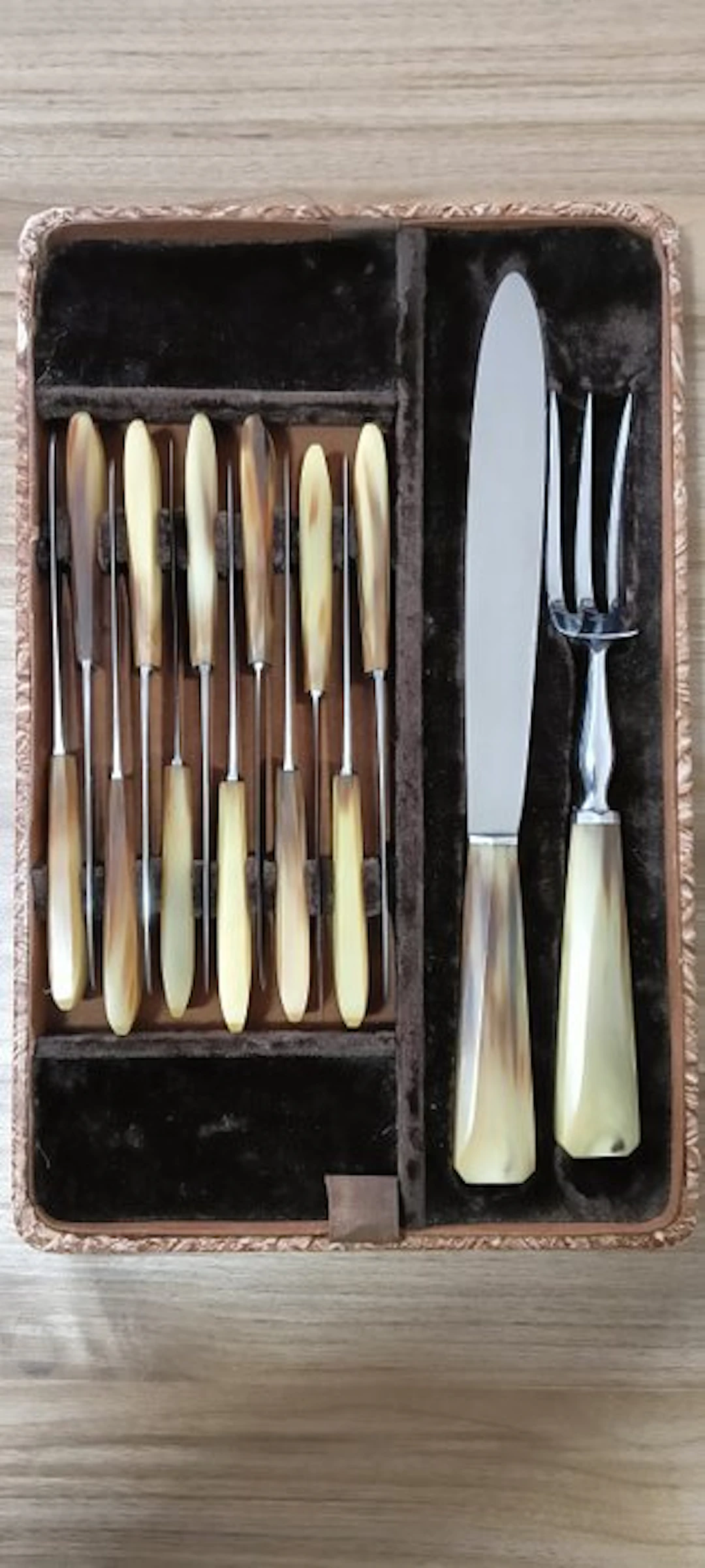 Table knife set (14) - Horn - In a contoured case.