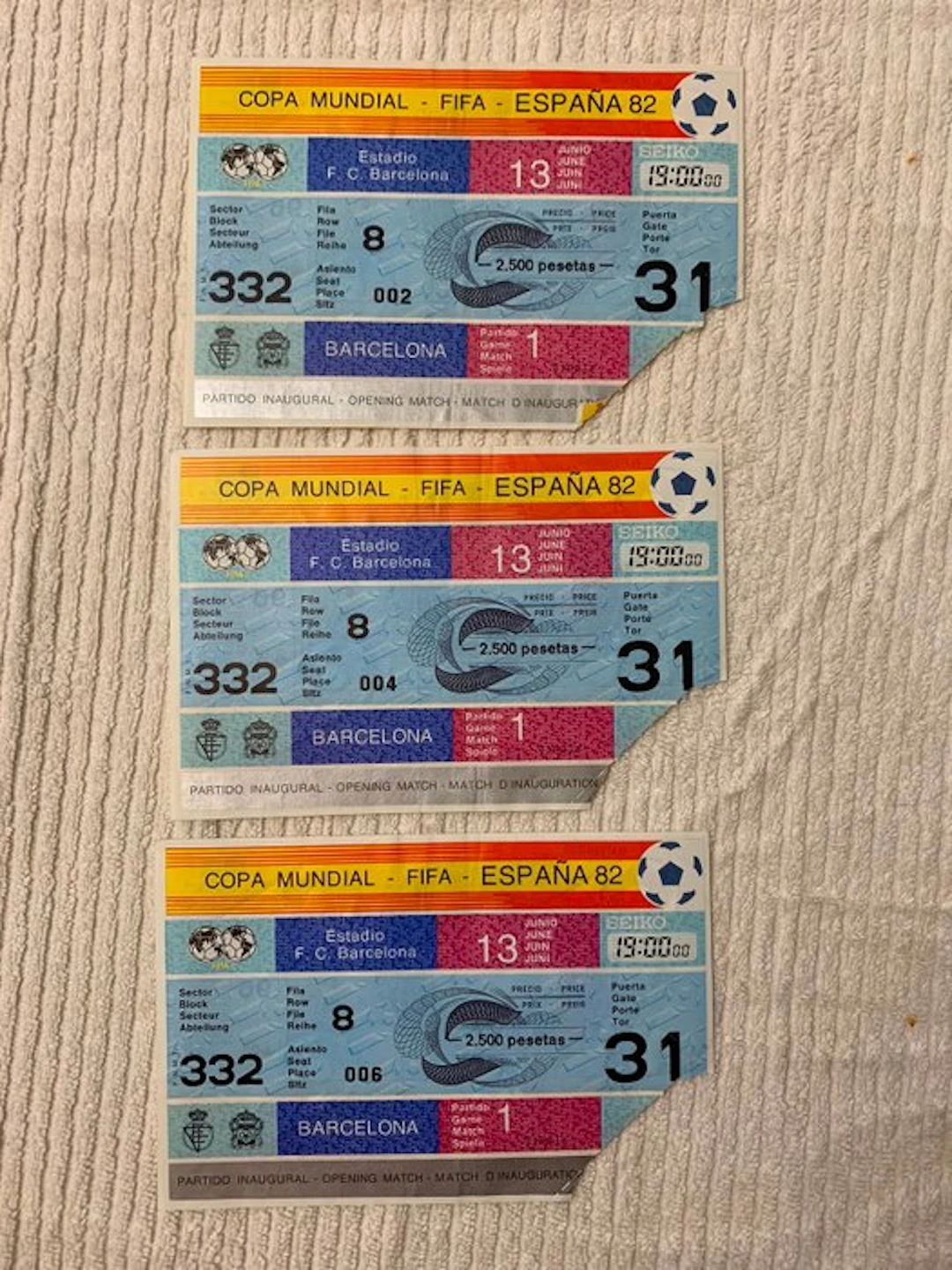 Lot of 3 consecutive tickets for the 1982 FIFA World Cup opening in Spain