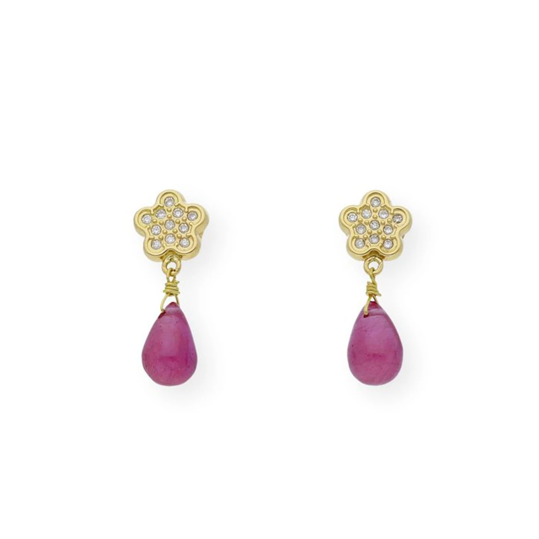 Earrings - 18 kt. Yellow gold Ruby - Diamond