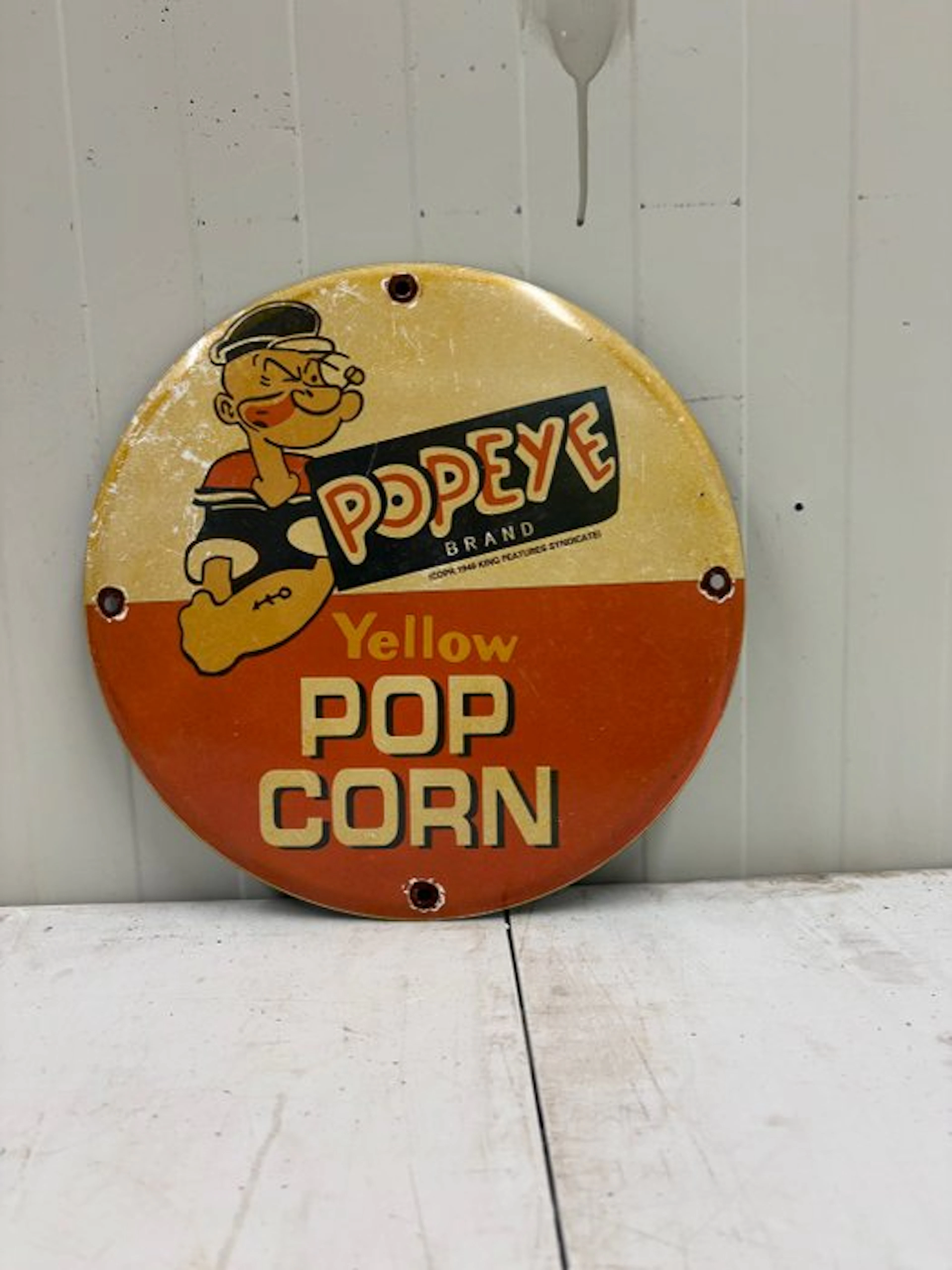 Popeye Yellow Pop Corn – Rond Emaille Reclamebord - Enamel sign - Enamel