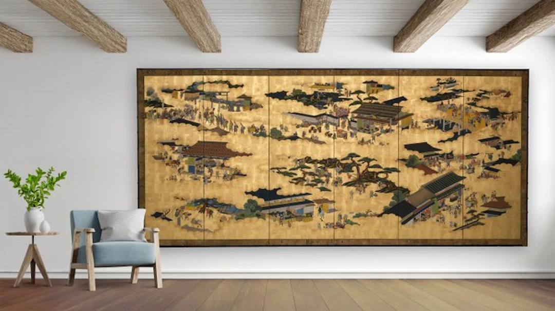 Folding screen with festive genre painting - Silk