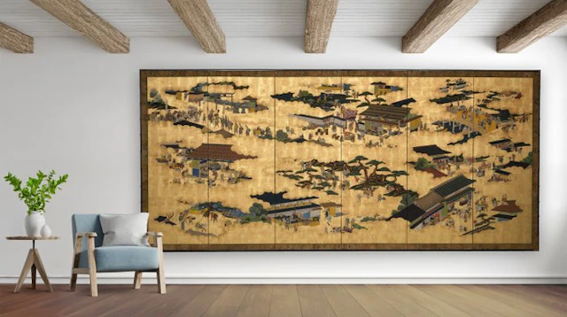 Folding screen with festive genre painting - Silk