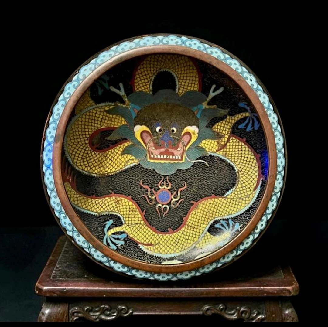 Rare Circular Basin in Cloisonné Enamel and Gilded Bronze...