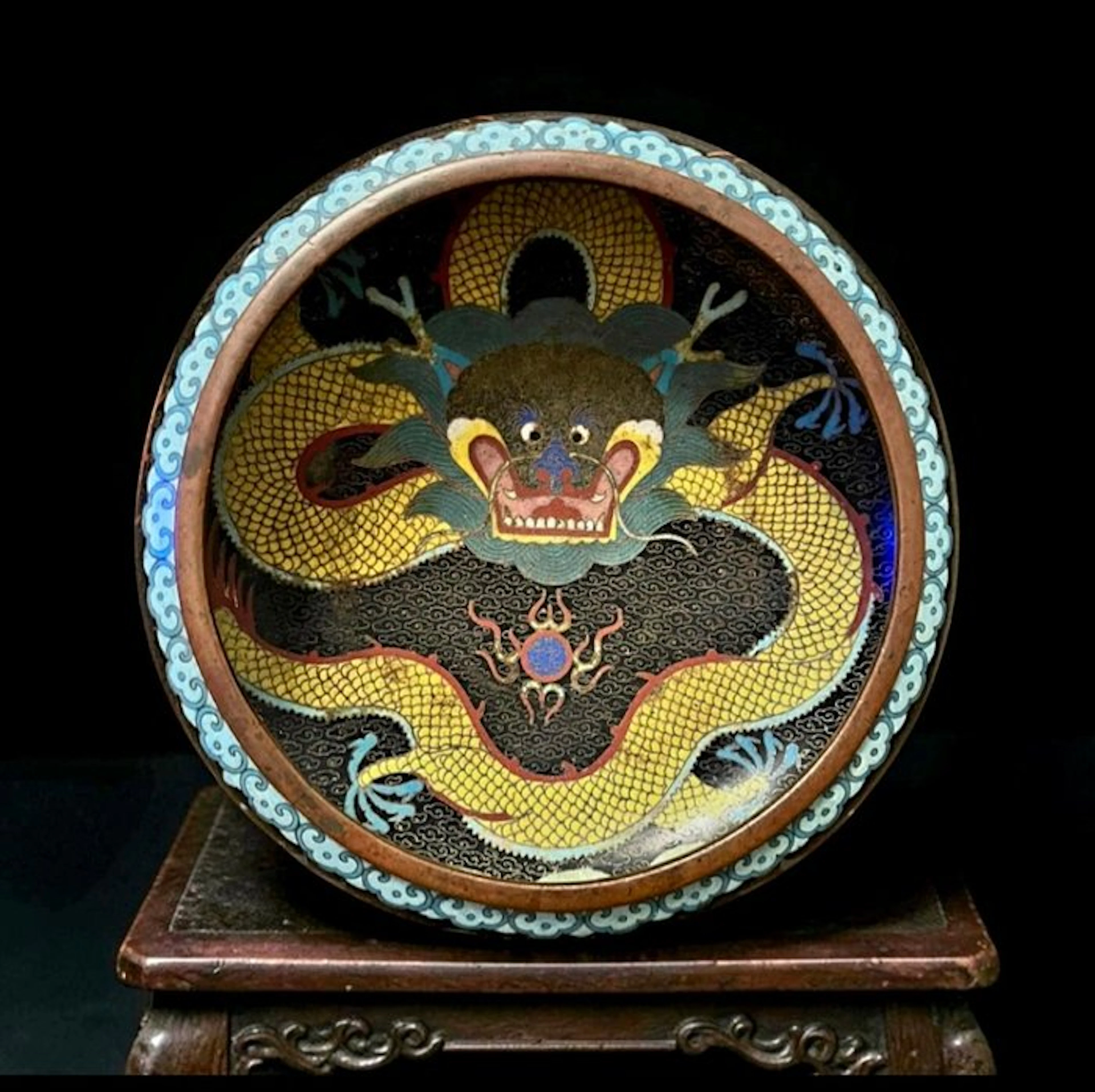 Rare Circular Basin in Cloisonné Enamel and Gilded Bronze...
