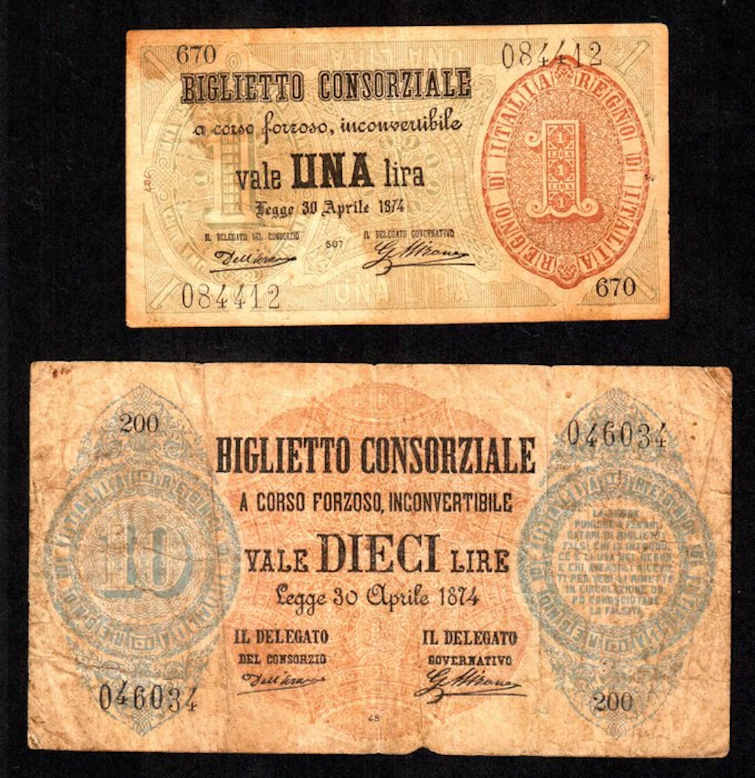 Italy. 1 e 10 Lire Lotto Banconote da 1 e 2 Lire Regno...